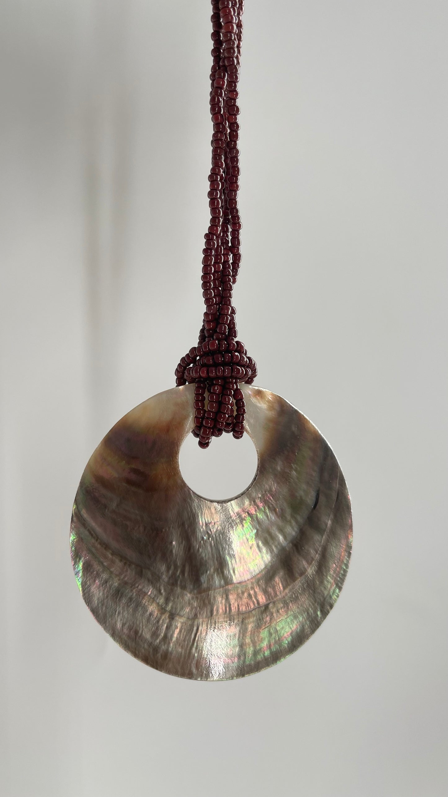 Vintage 1990s Burgundy Beaded Choker with Statement Iridescent Shell Pendant