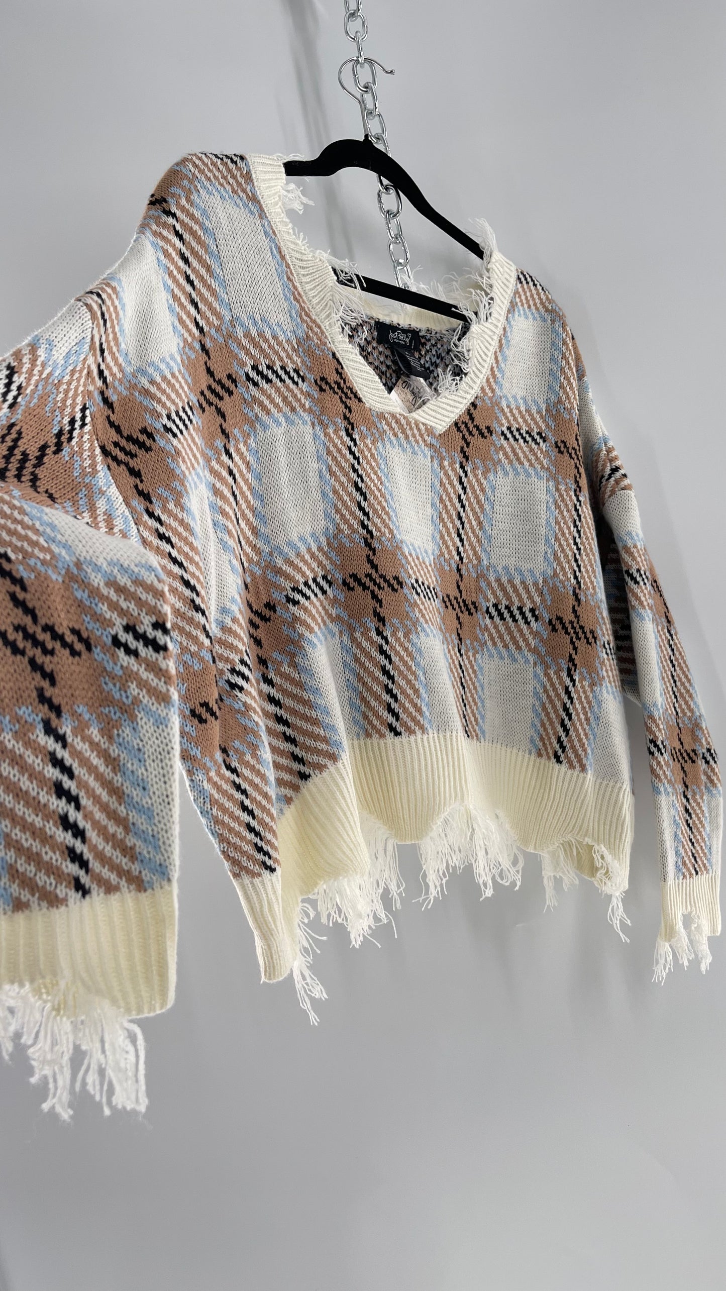 Fashion Nova Plaid Powder Blue/Tan Distressed Sweater