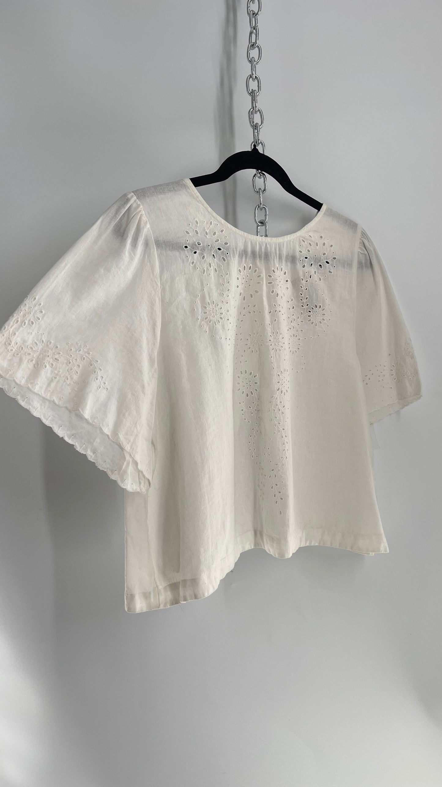 Free People Off White Cotton Open Back Eyelet Lace Short Sleeve (Medium)
