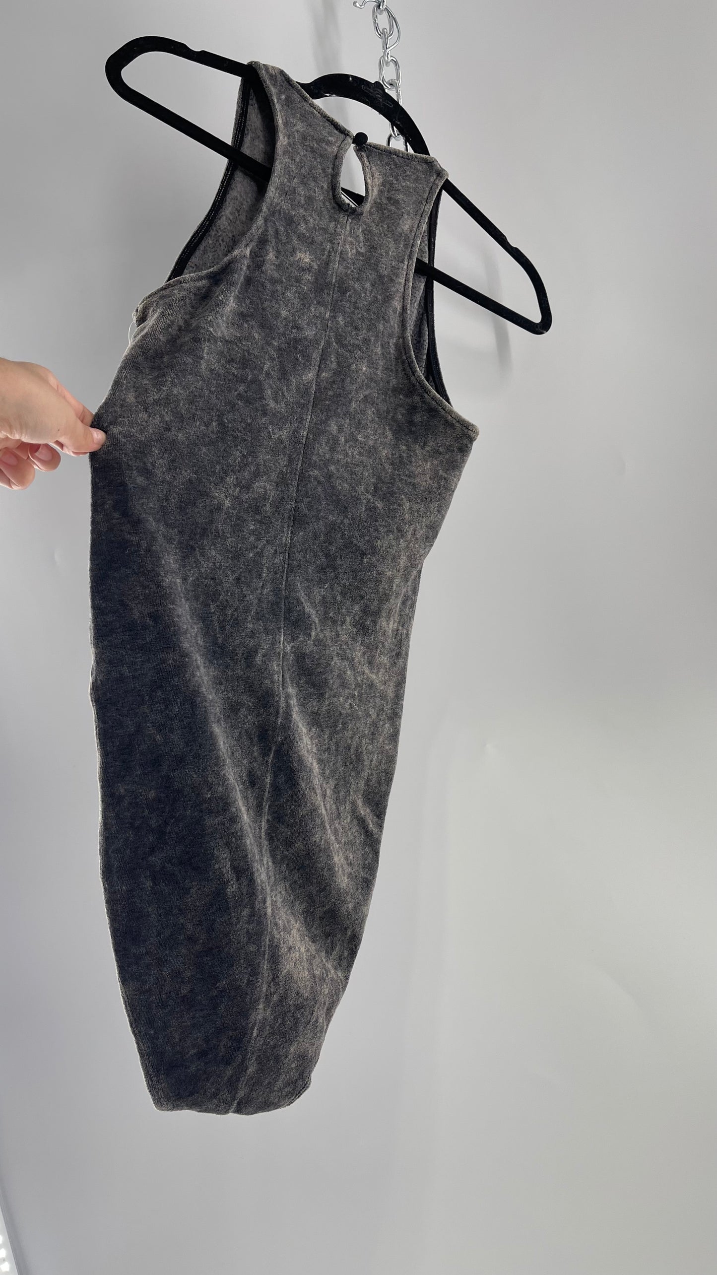 Free People Charcoal Acid Wash Velour Terry Cloth Bodysuit (Small)