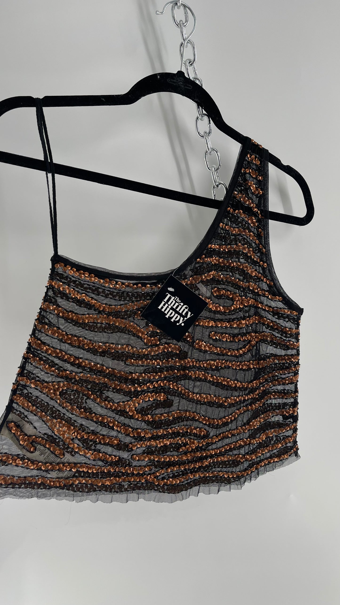 Free People Black Mesh One Shoulder Blouse with Copper Zebra Patterned Sequins (XS)