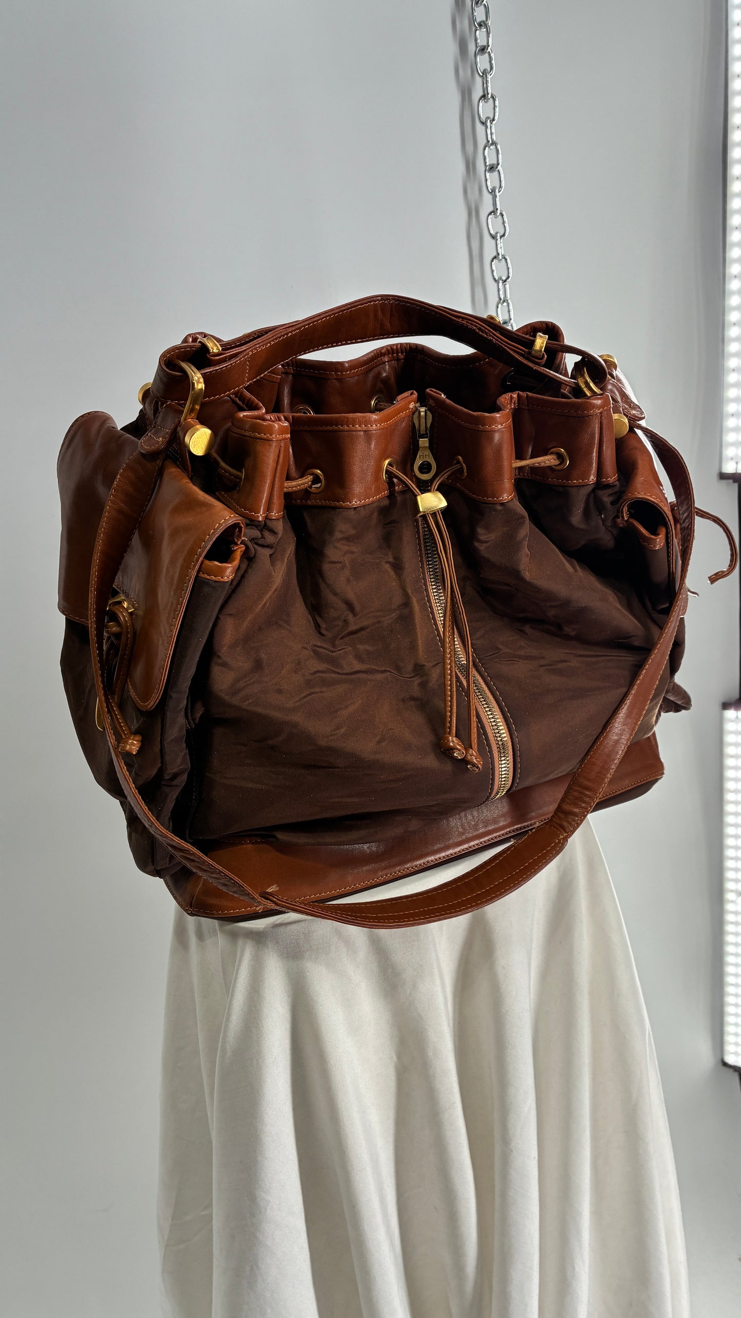 Vintage DONNA KARAN DKNY Oversized XL Brown Zip Front Bag with Leather Details