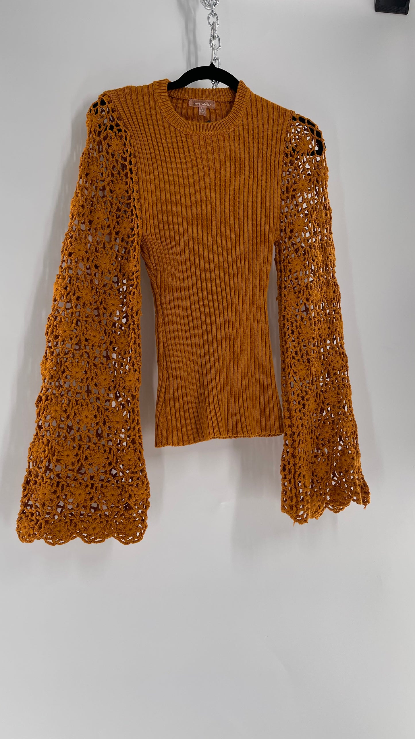 Love Colétte Mustard Sweater with Crochet Bell Sleeve (Large)