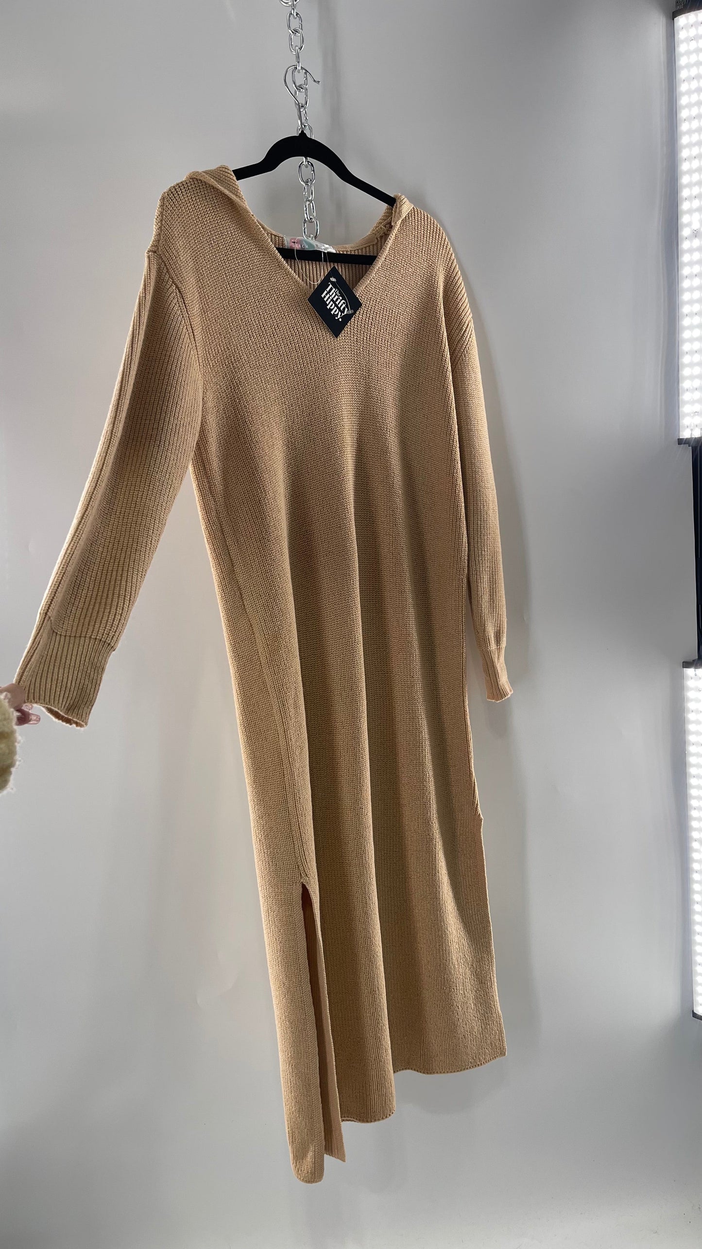 Free People Tan Knit Hoodie Maxi (Medium)
