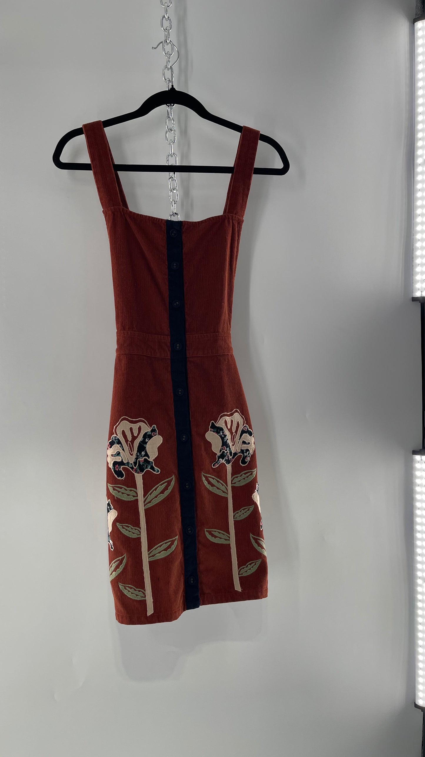 Seen. Worn. Kept. Anthropologie Terracotta Burnt Orange Corduroy Overall Dress with Embroidered Flower Details (S)
