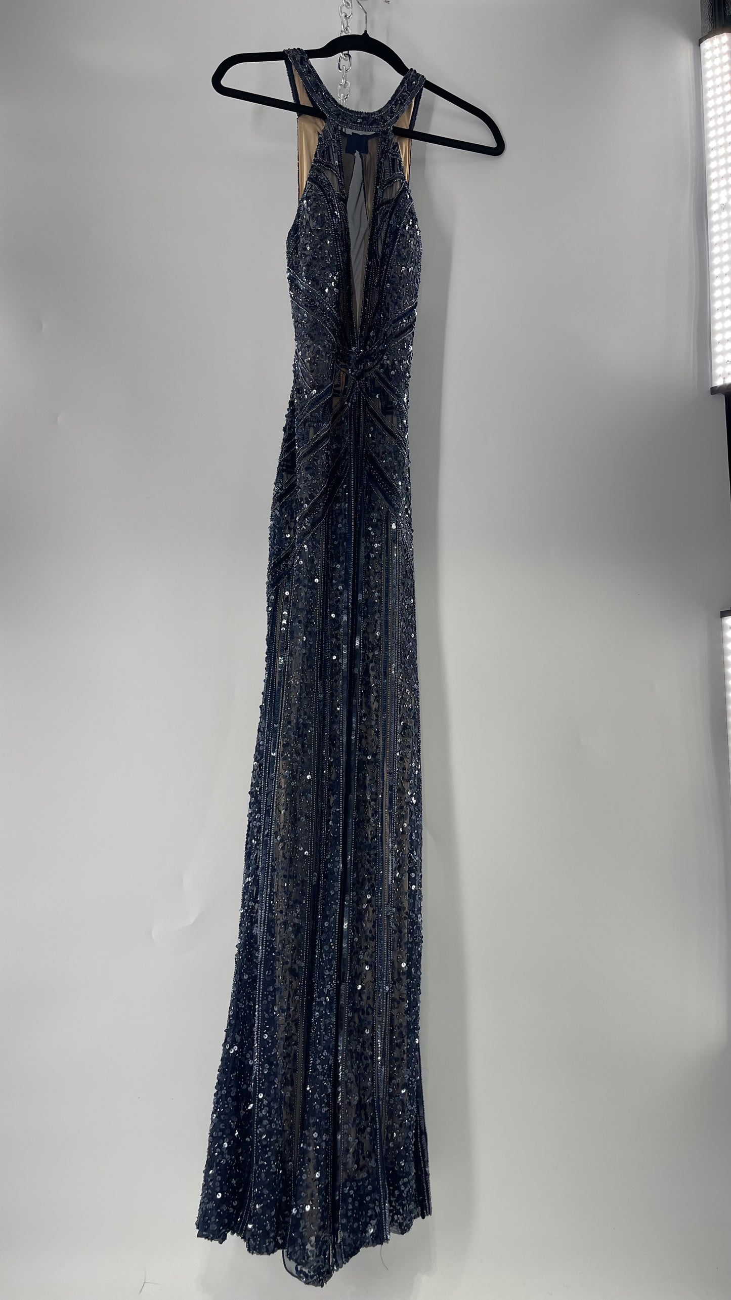 Vintage SCALA Navy Blue Beaded Floor Length Gown with Plunging Neckline, Backless Detail, and Tan Underlay (C)(4)