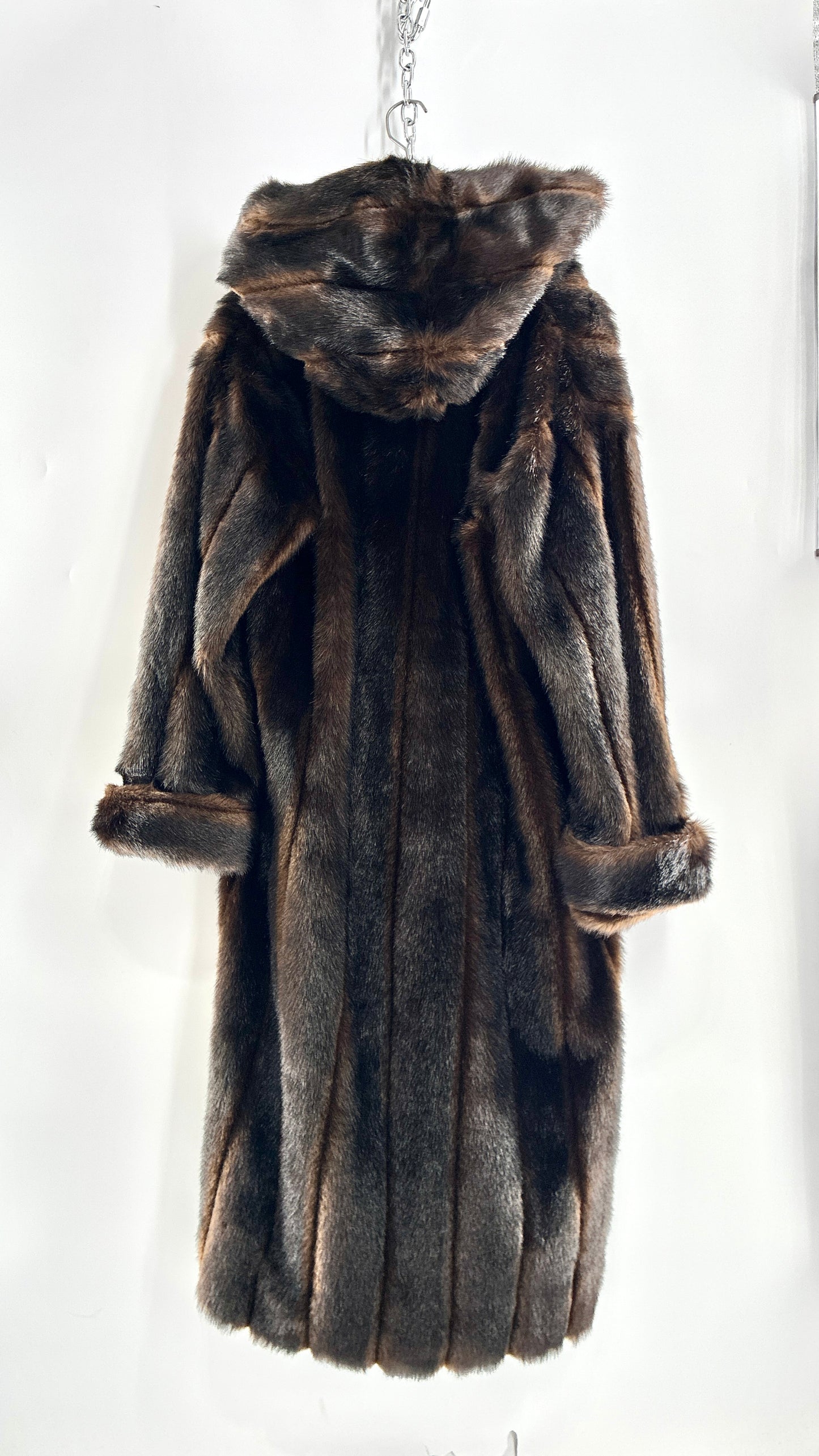 Vintage TALLY HO Hooded and Paneled, Vegan Fur Full Length Coat (Medium)