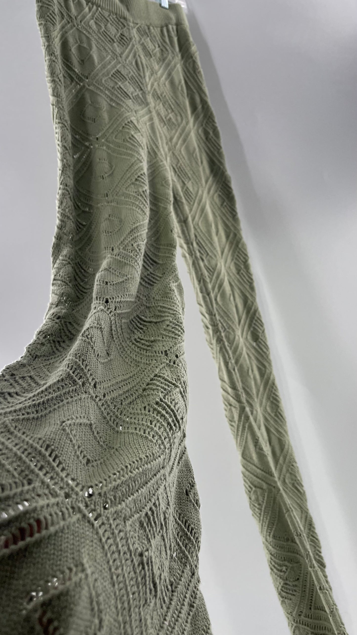 Free People Beach Sage Green Crochet Wooden Button Front Cardigan and Wide Leg Set (Medium)