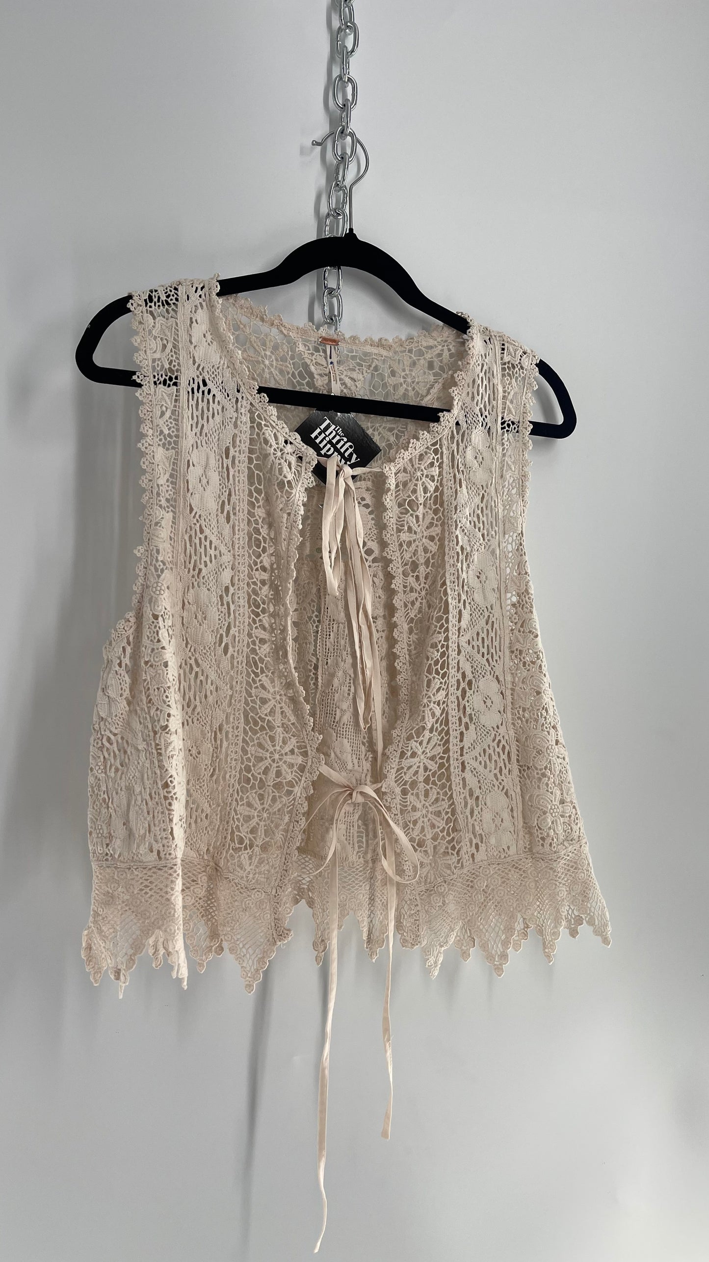 Free People Leah Off White Lace Crochet Vest/ Tie Bust Sleeveless Top (Medium)