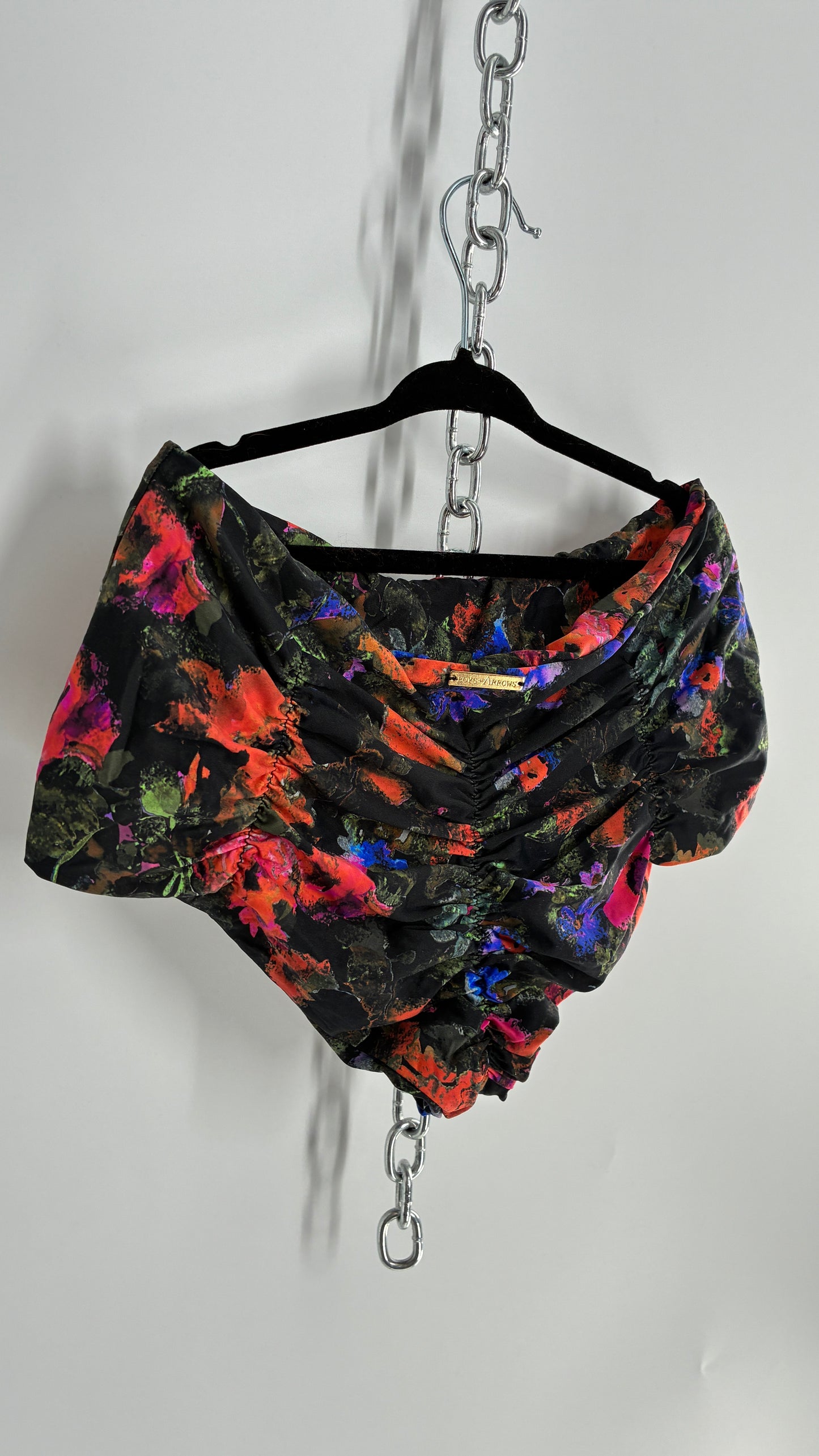 Boys + ARROWS High Contrast Floral High Waisted, Ruched Tanga Swim Bottoms (M)