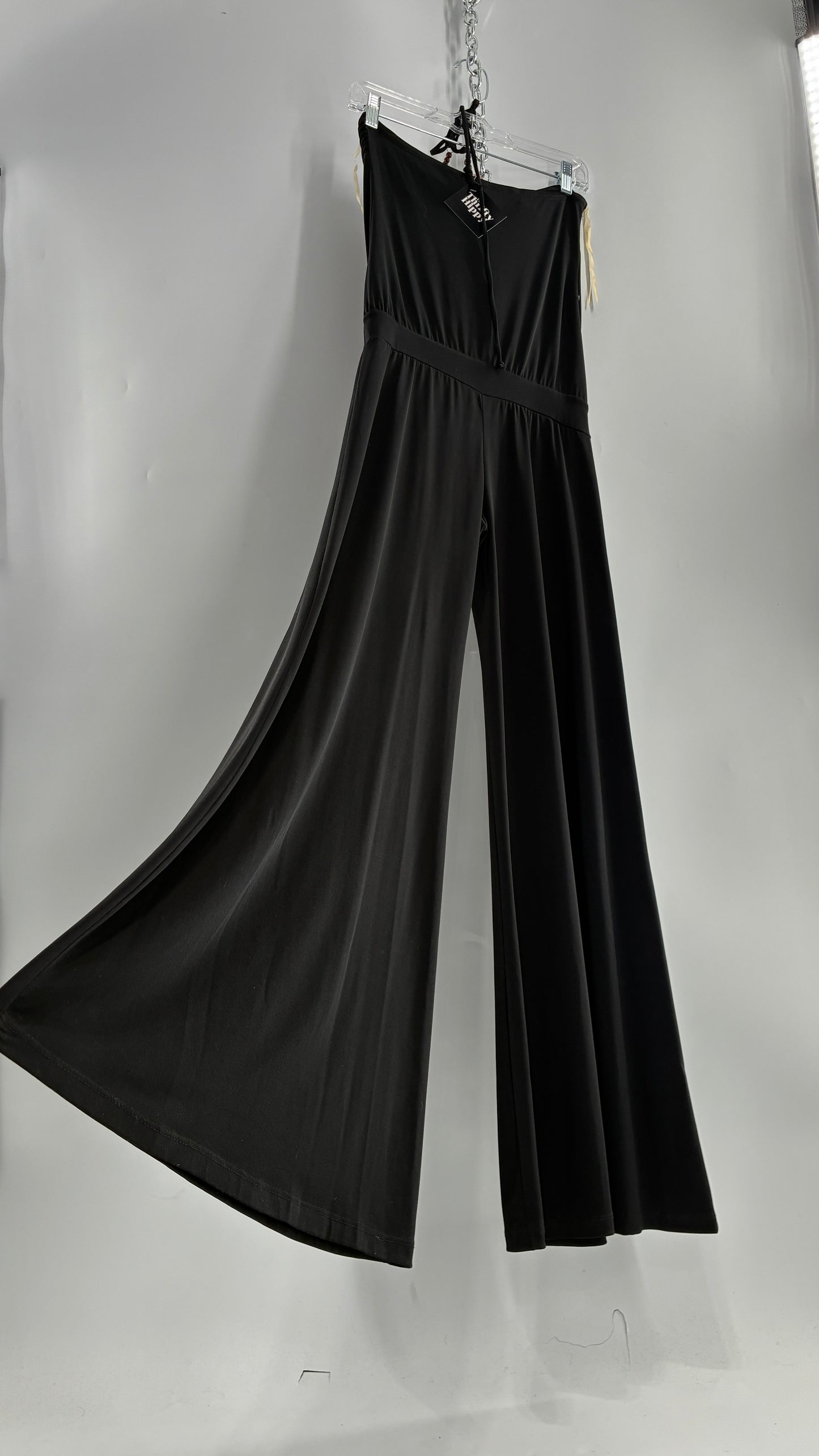Vintage L8ter 1990s Black Drop Waist Wide Leg Jumpsuit with Beaded Choker Halter (Small)
