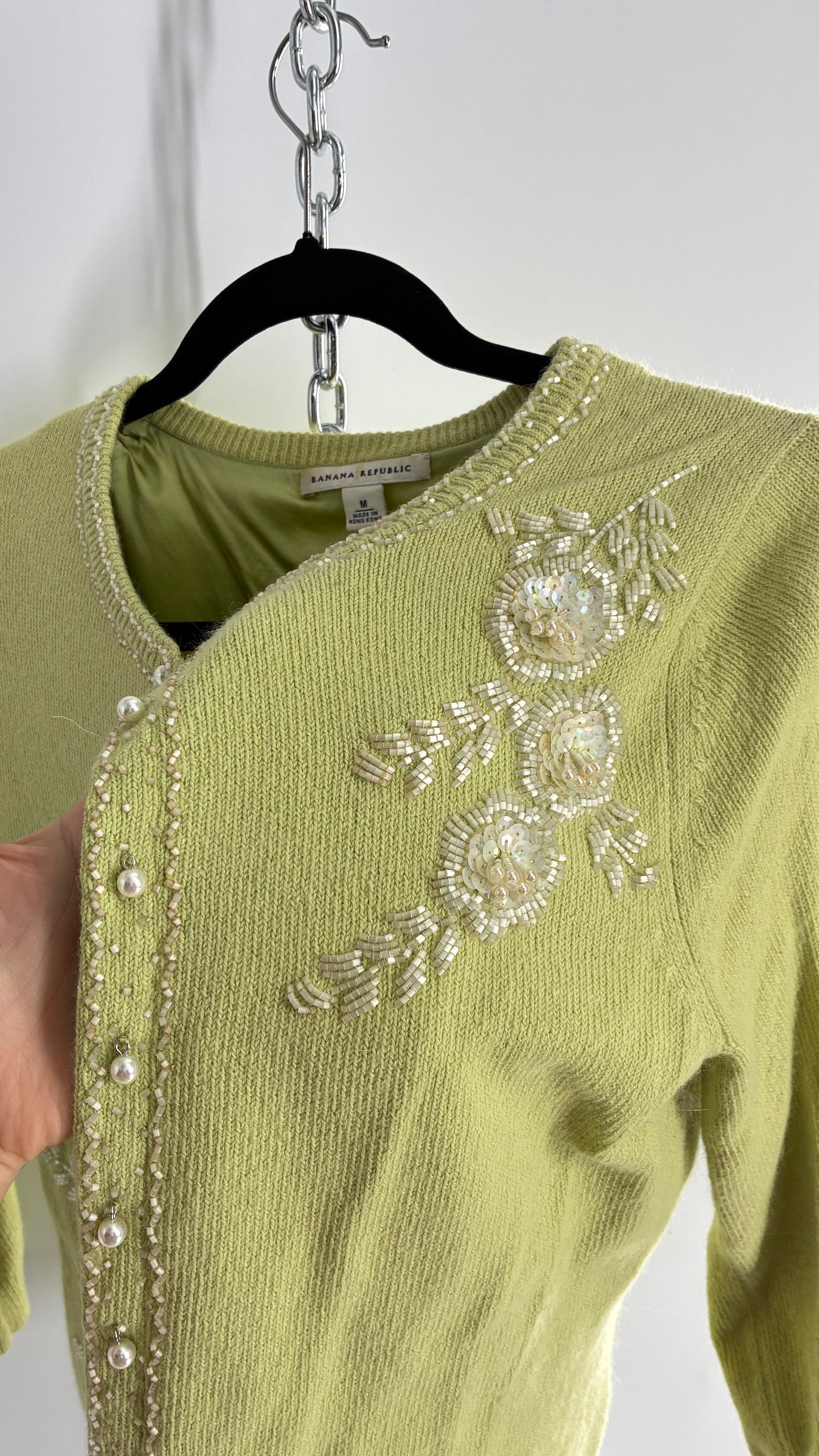 Vintage Banana Republic Bedazzled, Beaded Lime Green Cardigan and Knit Tank Set (Medium)