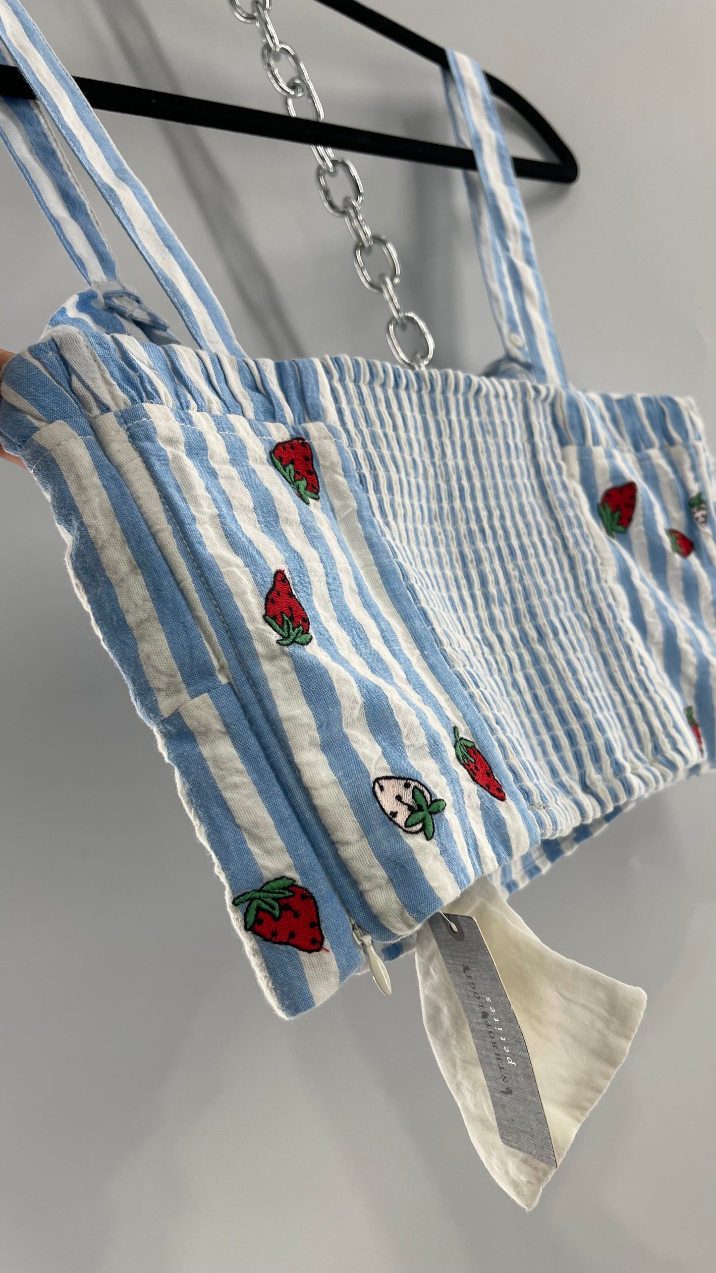 Maeve Anthropologie Baby Blue White Striped Corset Like Crop with Embroidered Strawberries (6)