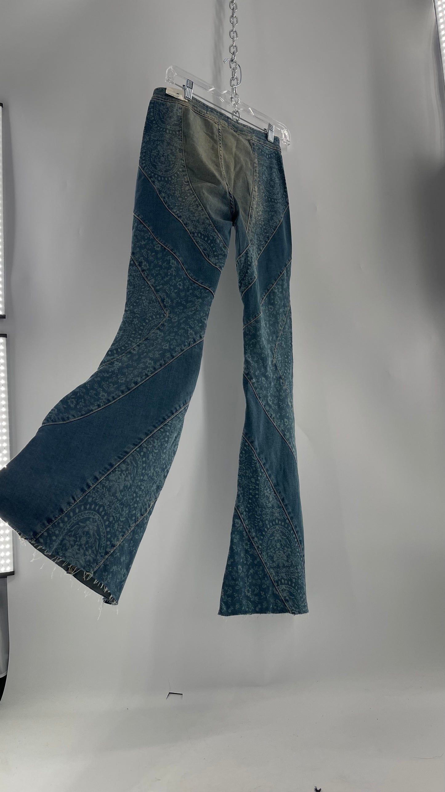 Free People Bell Bottom Kick Flare Paneled Patterned Jeans with Tags Attached (27)