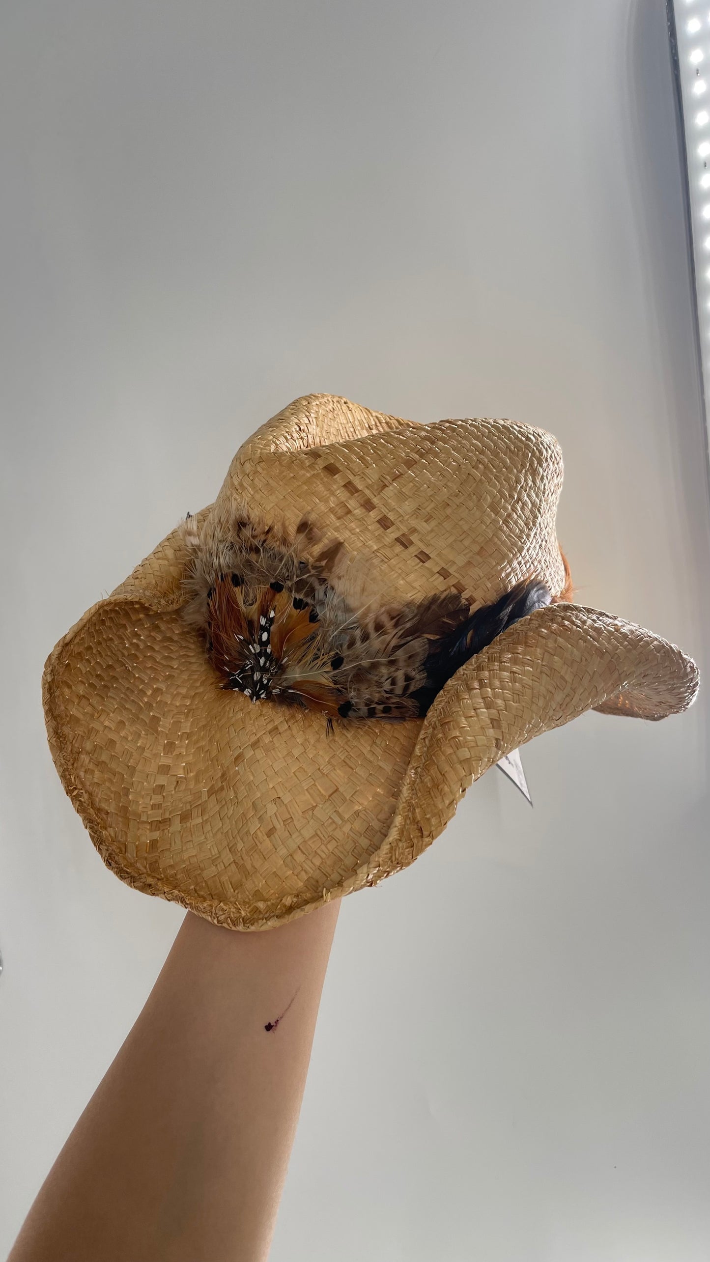 Vintage Straw Hat with Feather Band