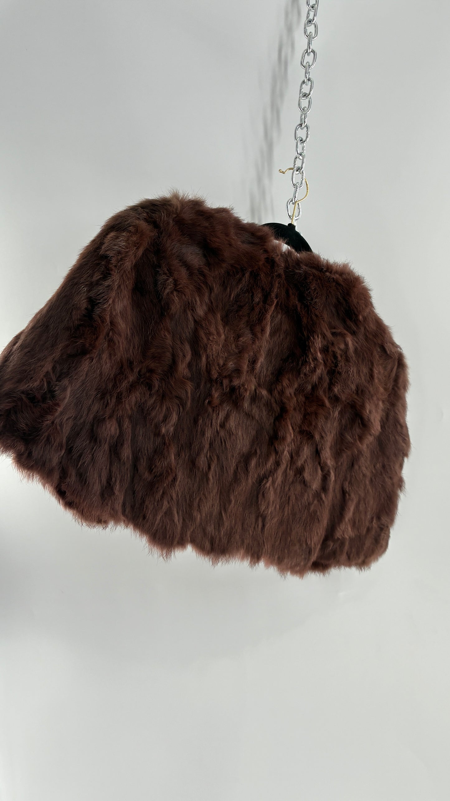 Vintage CAROLINE 100% Rabbit Fur Brown Shrug Cape with Oversized Round Buckle (One Size)