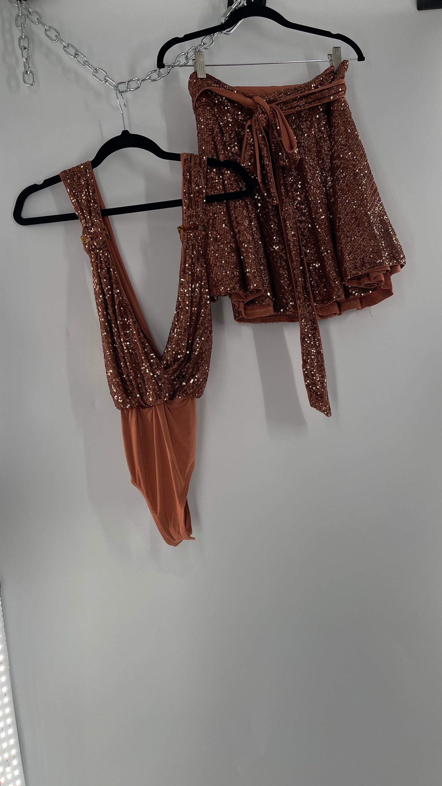 Free People Bronze Sequin 2Piece Set with Wrap Around Skirt and Bodysuit (XS body, S Skirt)