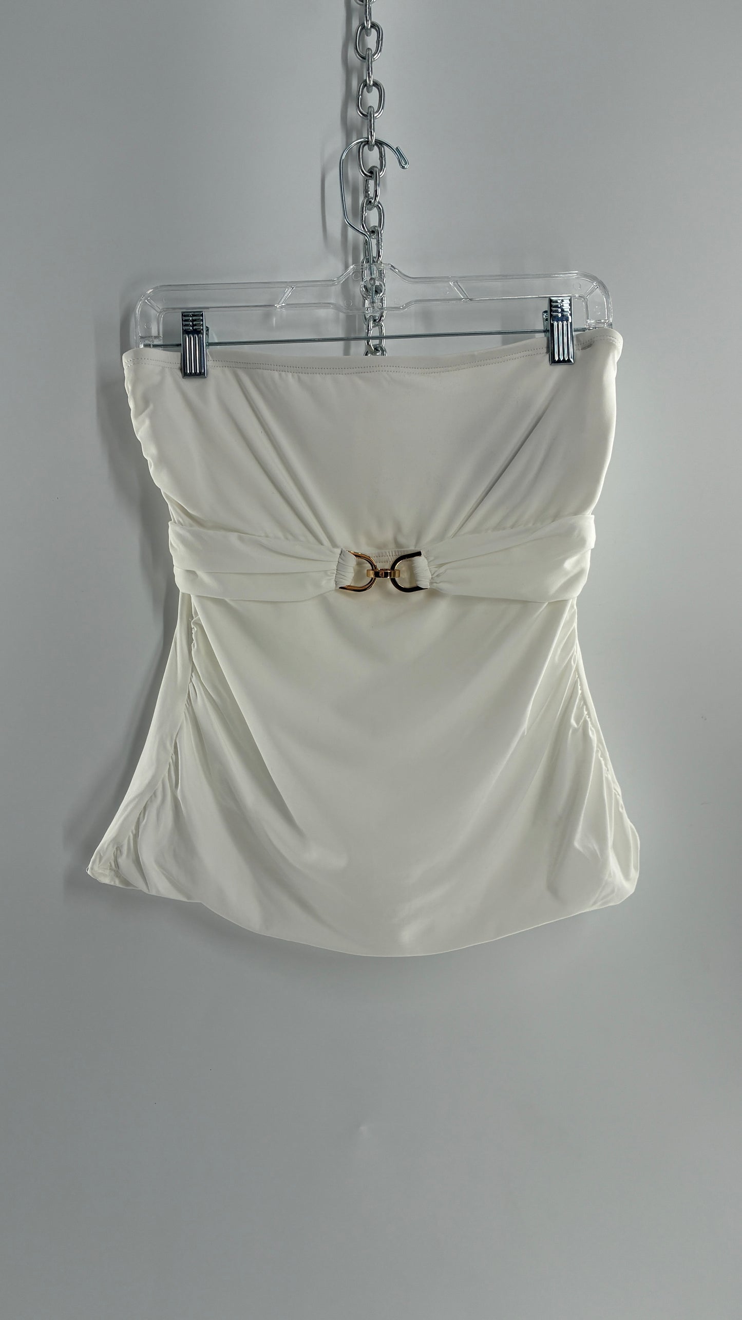 Michael Kors White Tube Top with Gold Underbust Chain Detail and Underwire Bra (Large)