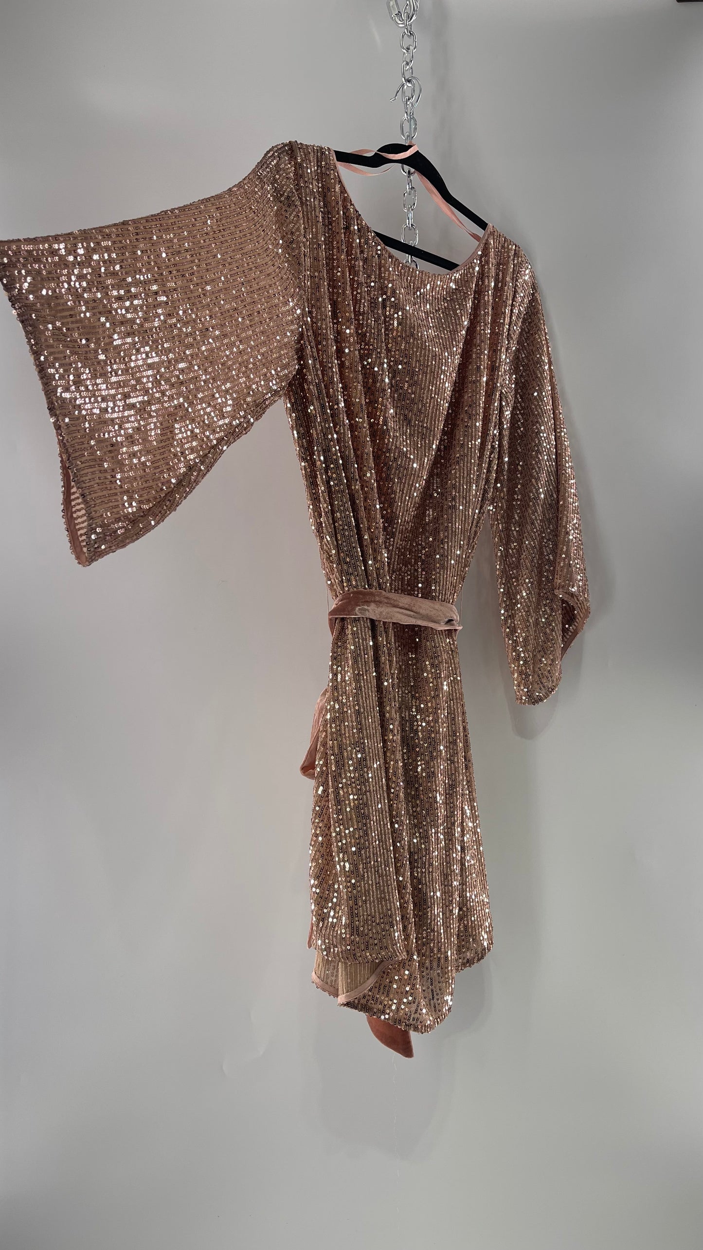 Anthropologie Rose Gold Sequin Dress with Velvet Waist Belt and Tags Attached (XL)