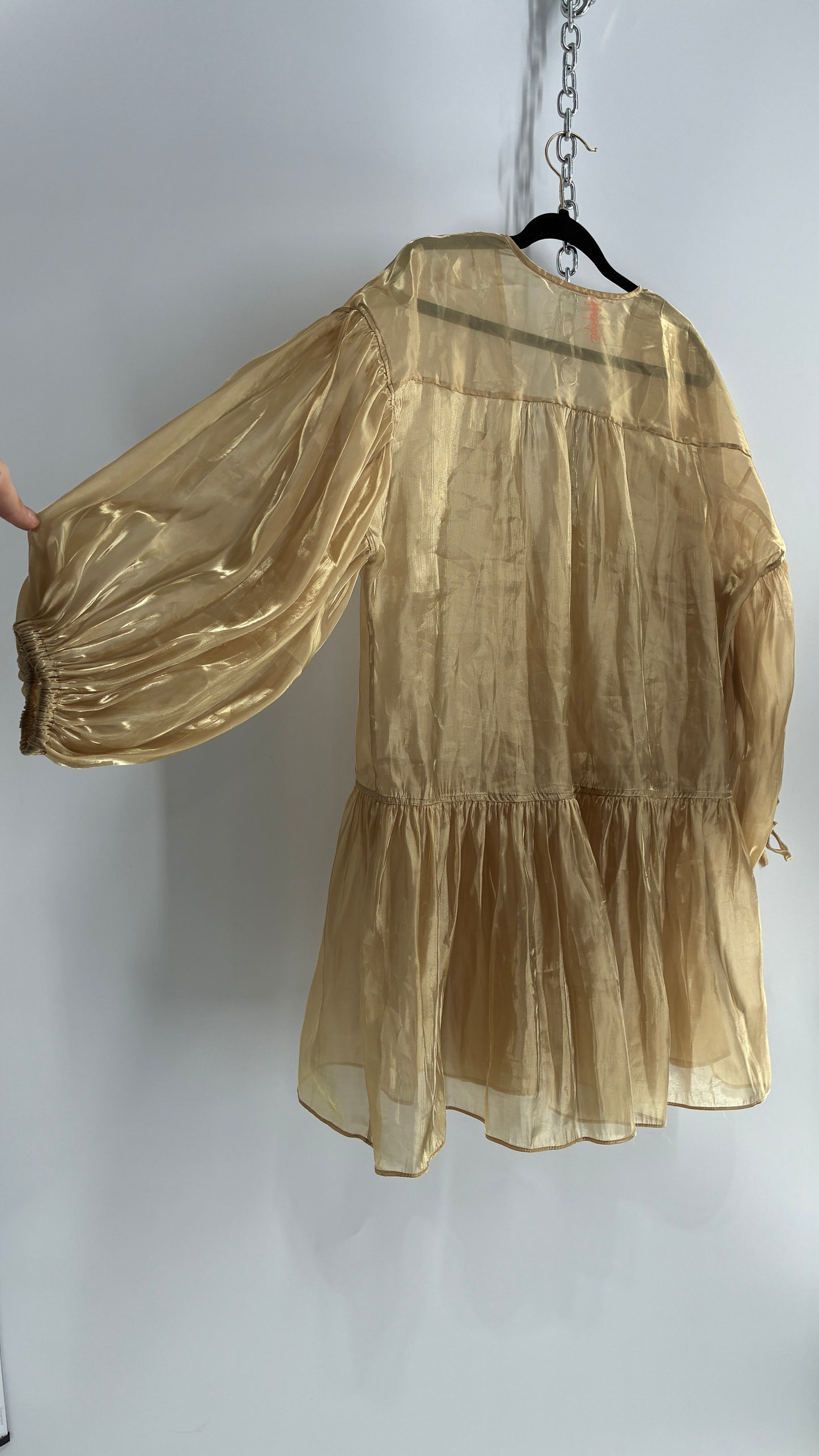 Free People Gold Voile Organza Drop Waist Bubble Sleeve Dress (Medium)
