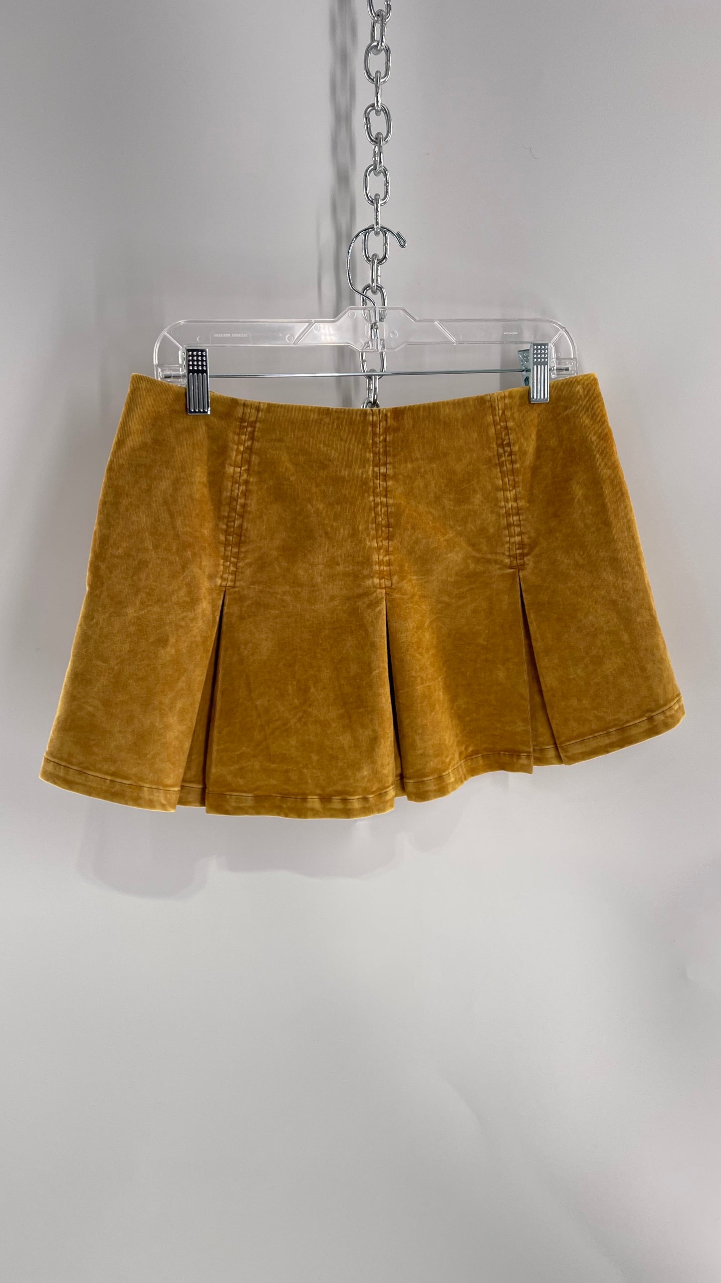 Urban Outfitters Mustard Corduroy Pleated Micro Mini Skirt with Brass Hip Zippers (Medium)