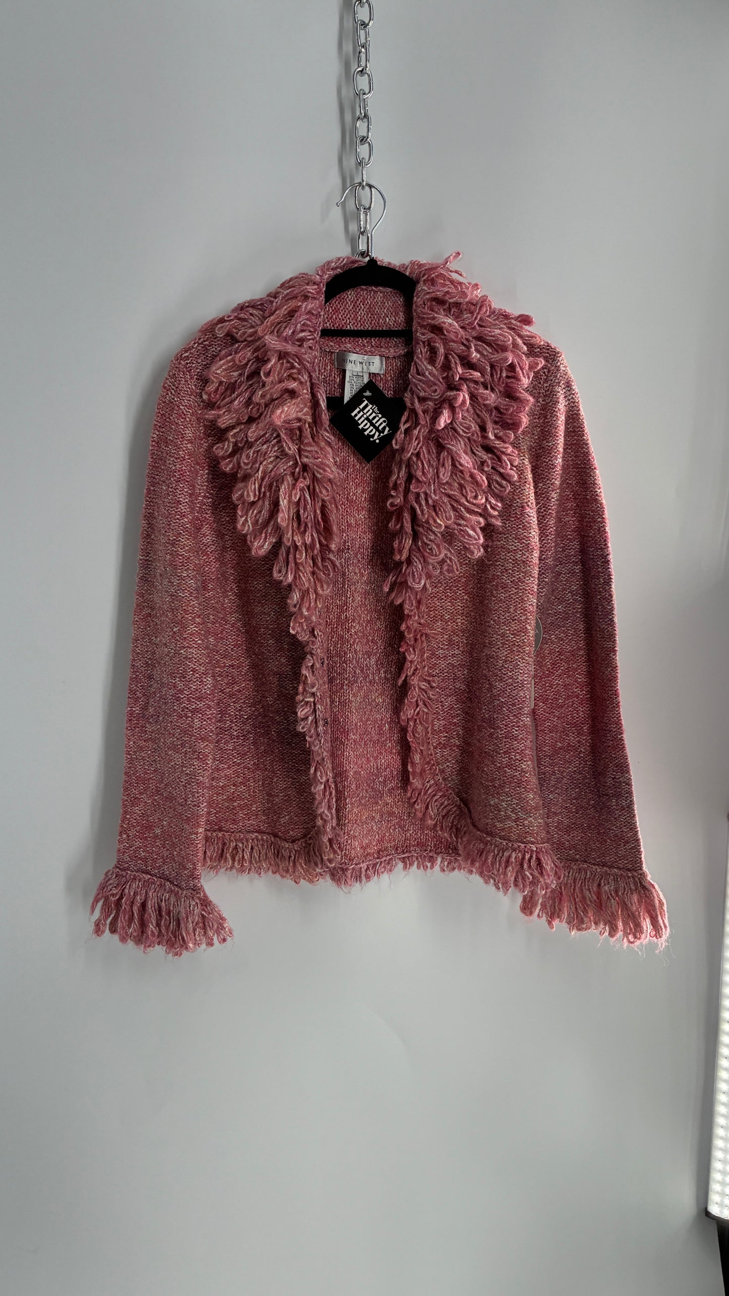 Nine West Pink Knit Cardigan Jacket with Exaggerated Fringe Collar and Cuffs (Large)