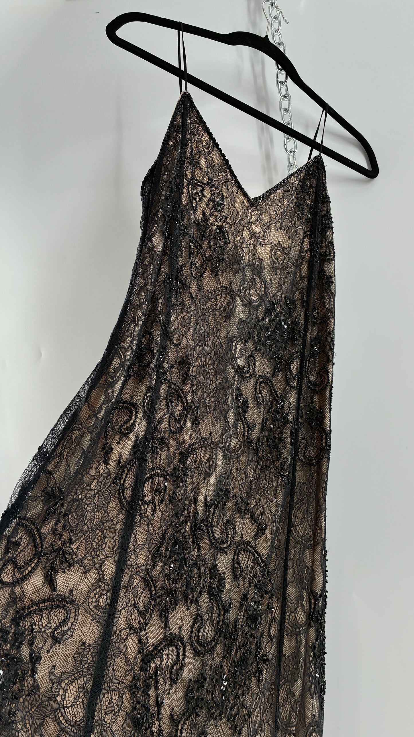 Vintage Haute Hippie Black Lace Nude Underlay Dress with Pointed Heavily Beaded Fringe Hem (2)