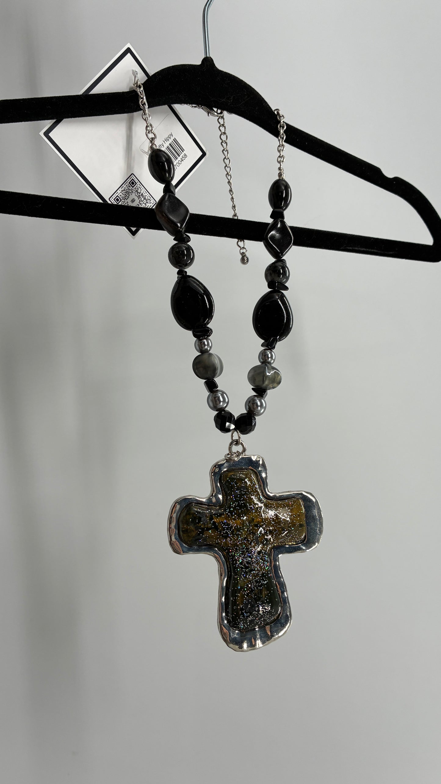 Vintage 1990s Beaded Black Necklace with Iridescent Glitter Cross