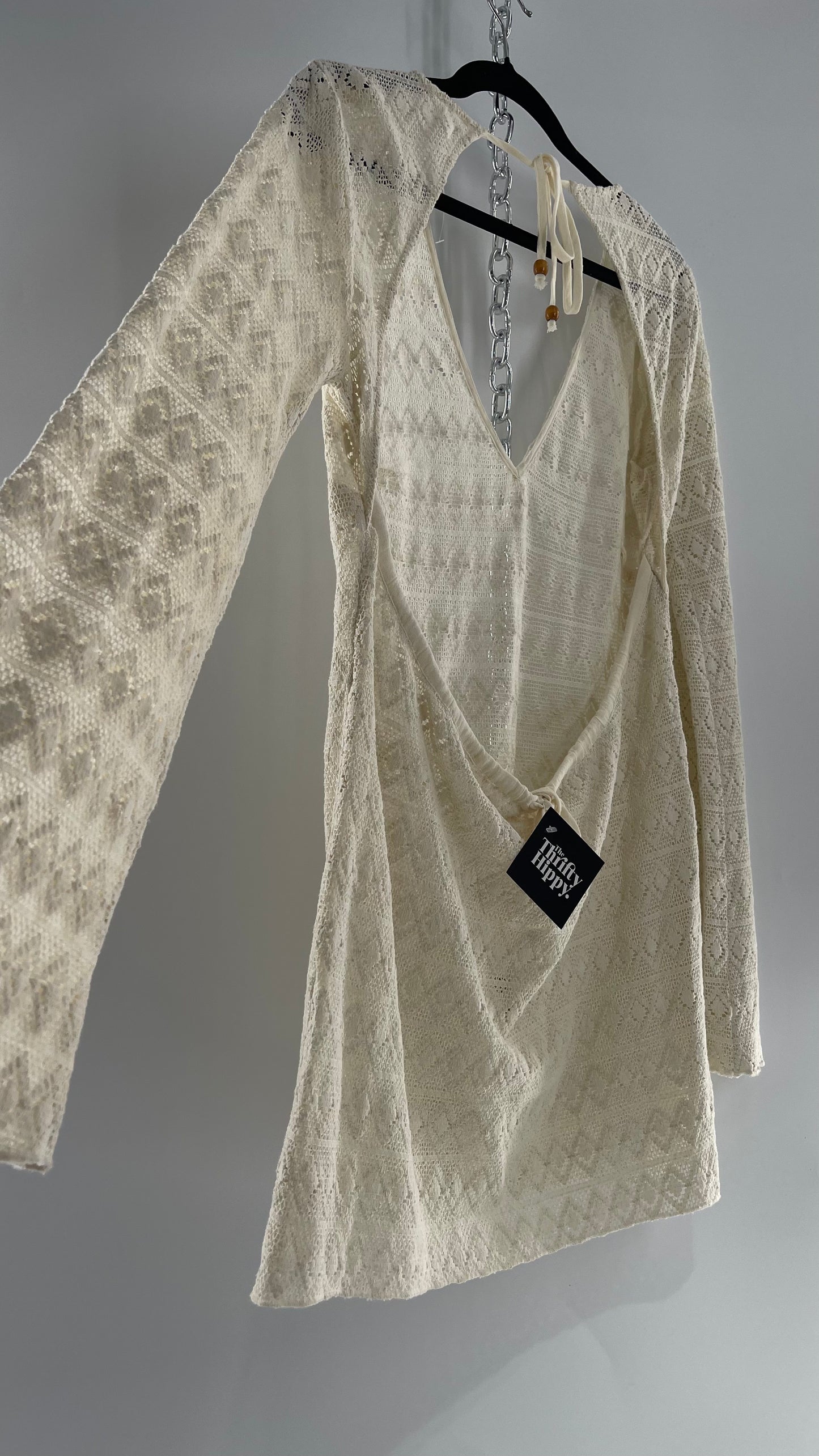 Free People Gauze Lace Open Back Mini Dress with Bell Sleeves (S)