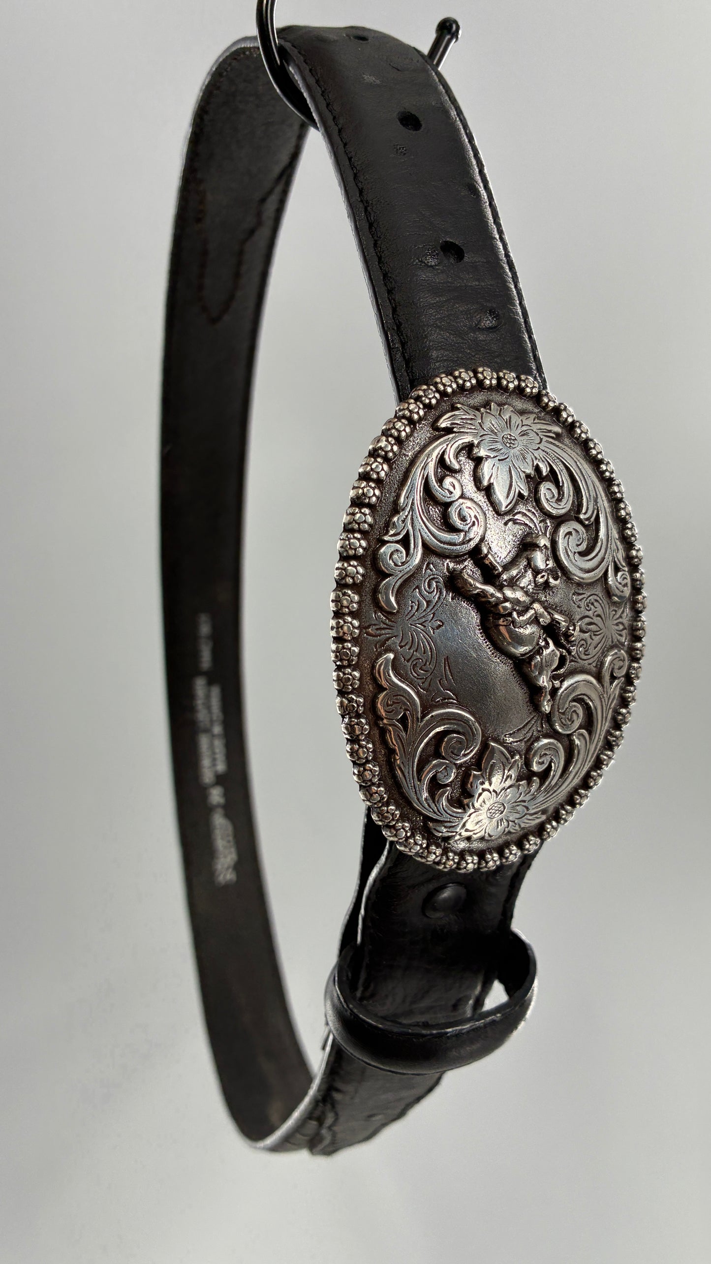 Vintage NOCONA Black Leather Western Style Belt with Oversized Engraved Cowboy Buckle (26)