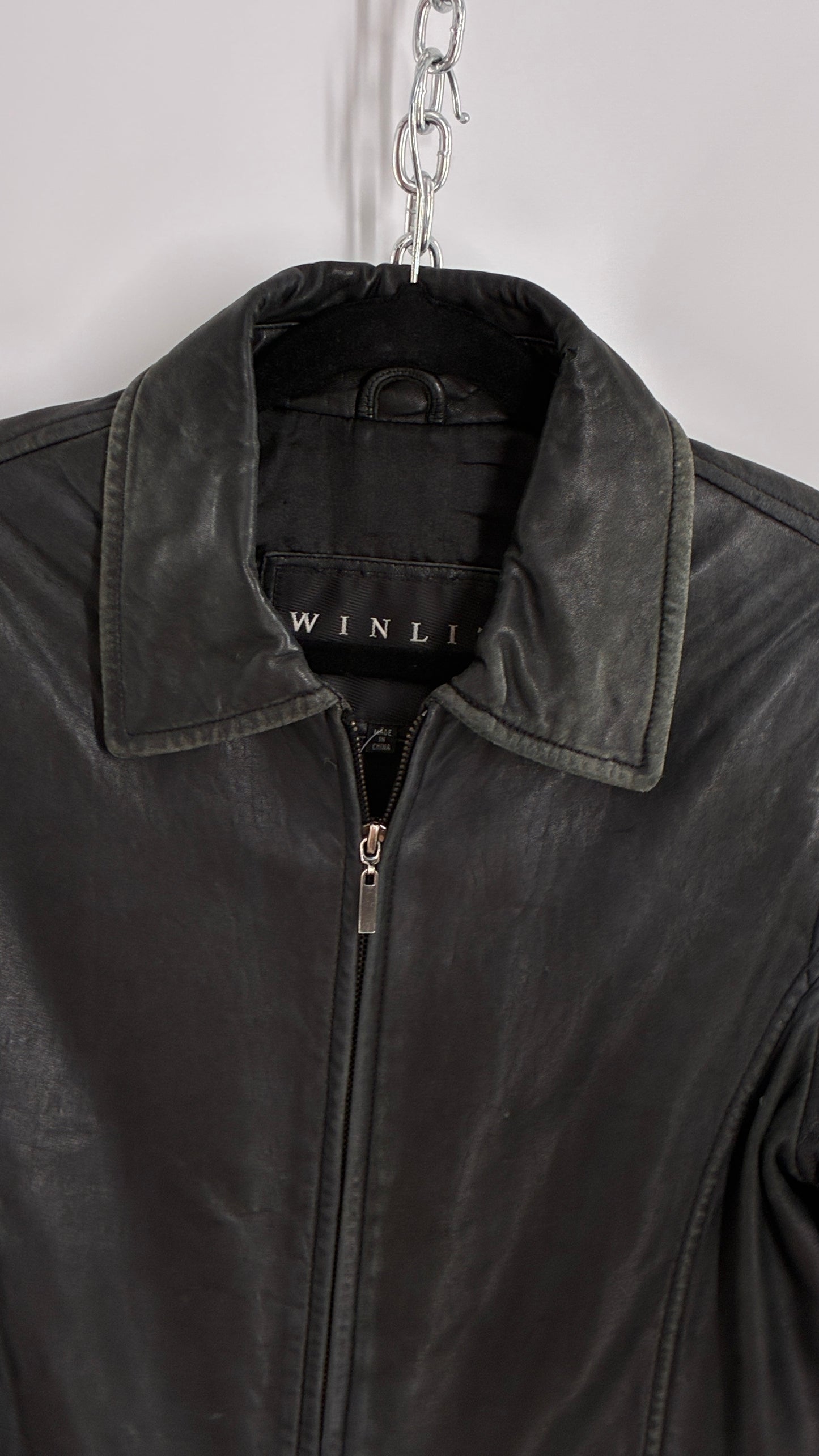 Vintage WINLIT New York Black Leather Collared Zip Front Paneled Jacket (Large)