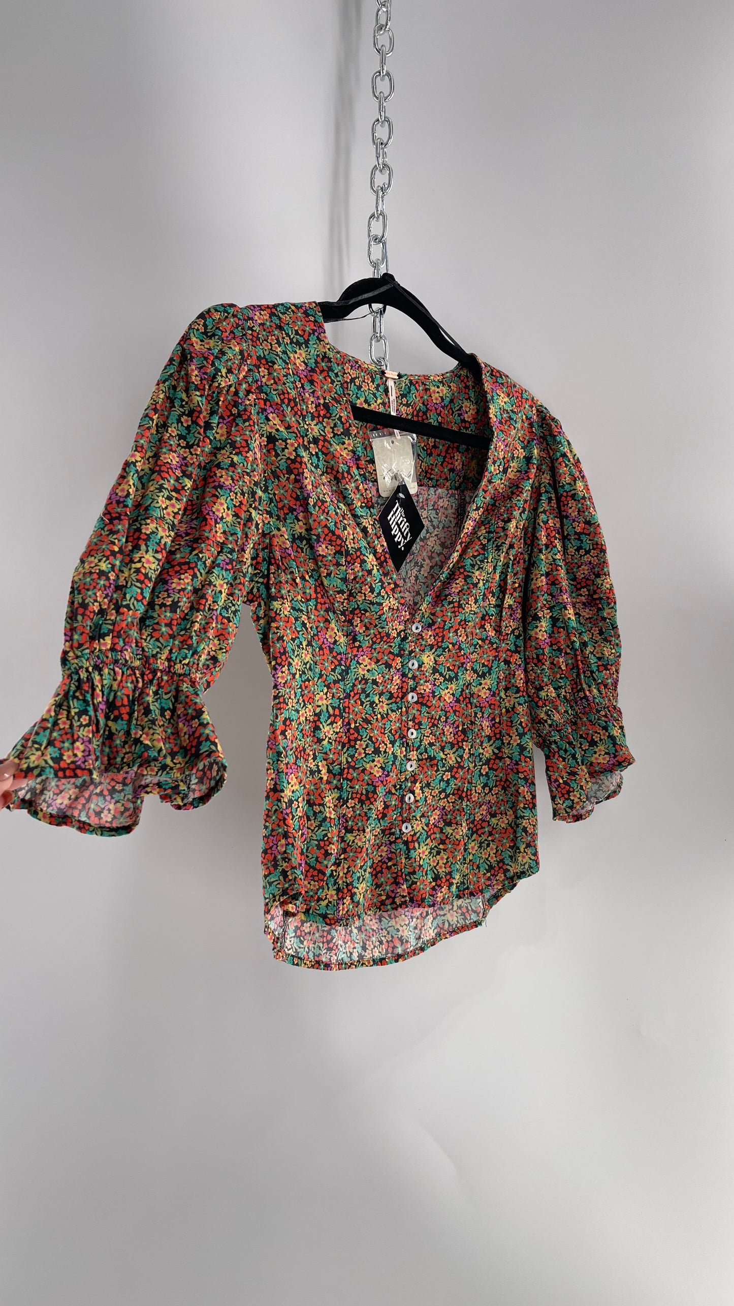 Free People 100% Cotton Colorful Florals Blouse with Deep V, Puff Sleeves, Button Front, and Tags Attached (Small)