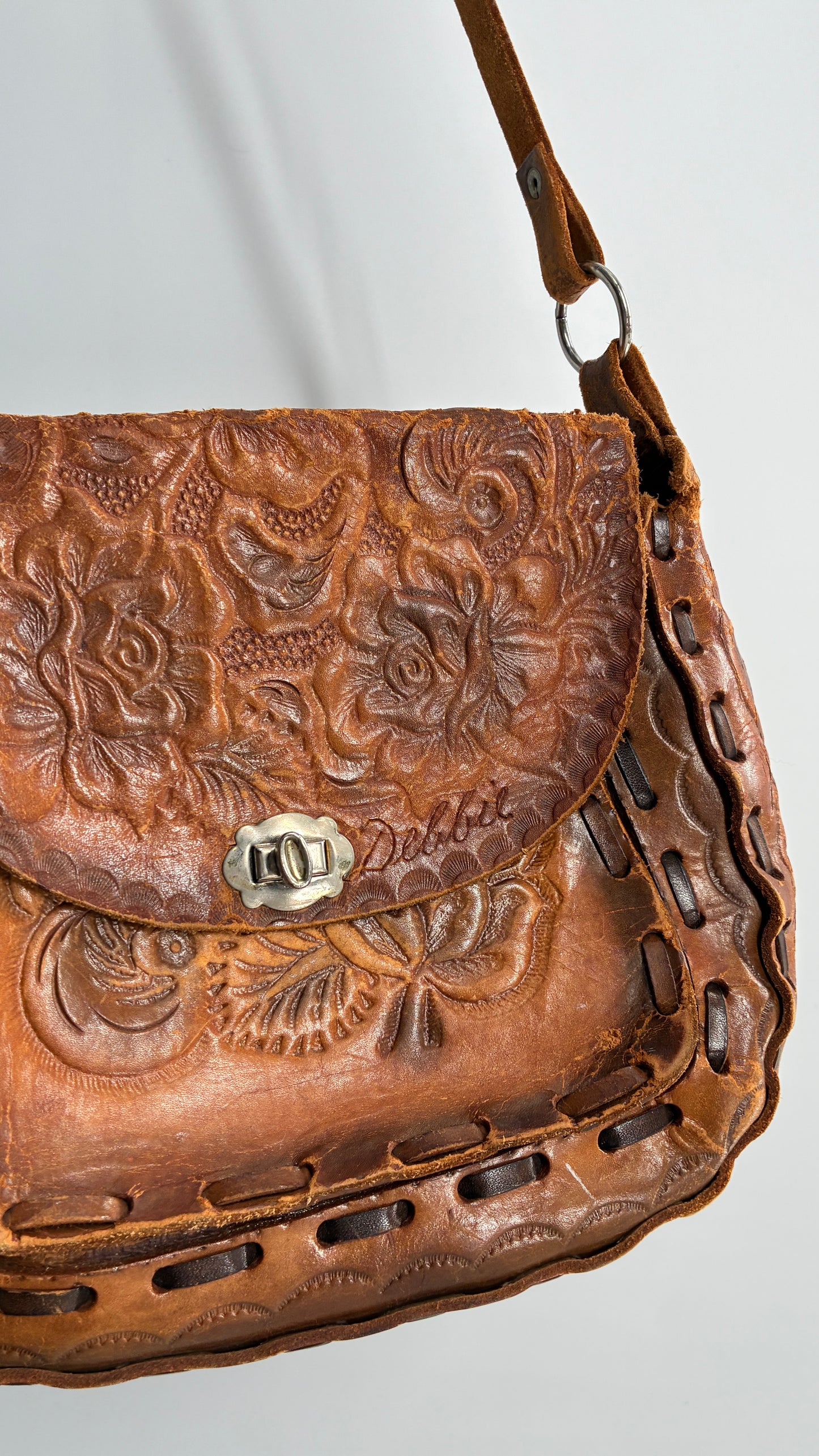 Vintage Made in Mexico Rose Embossed Leather Satchel Bag with Debbie Signature