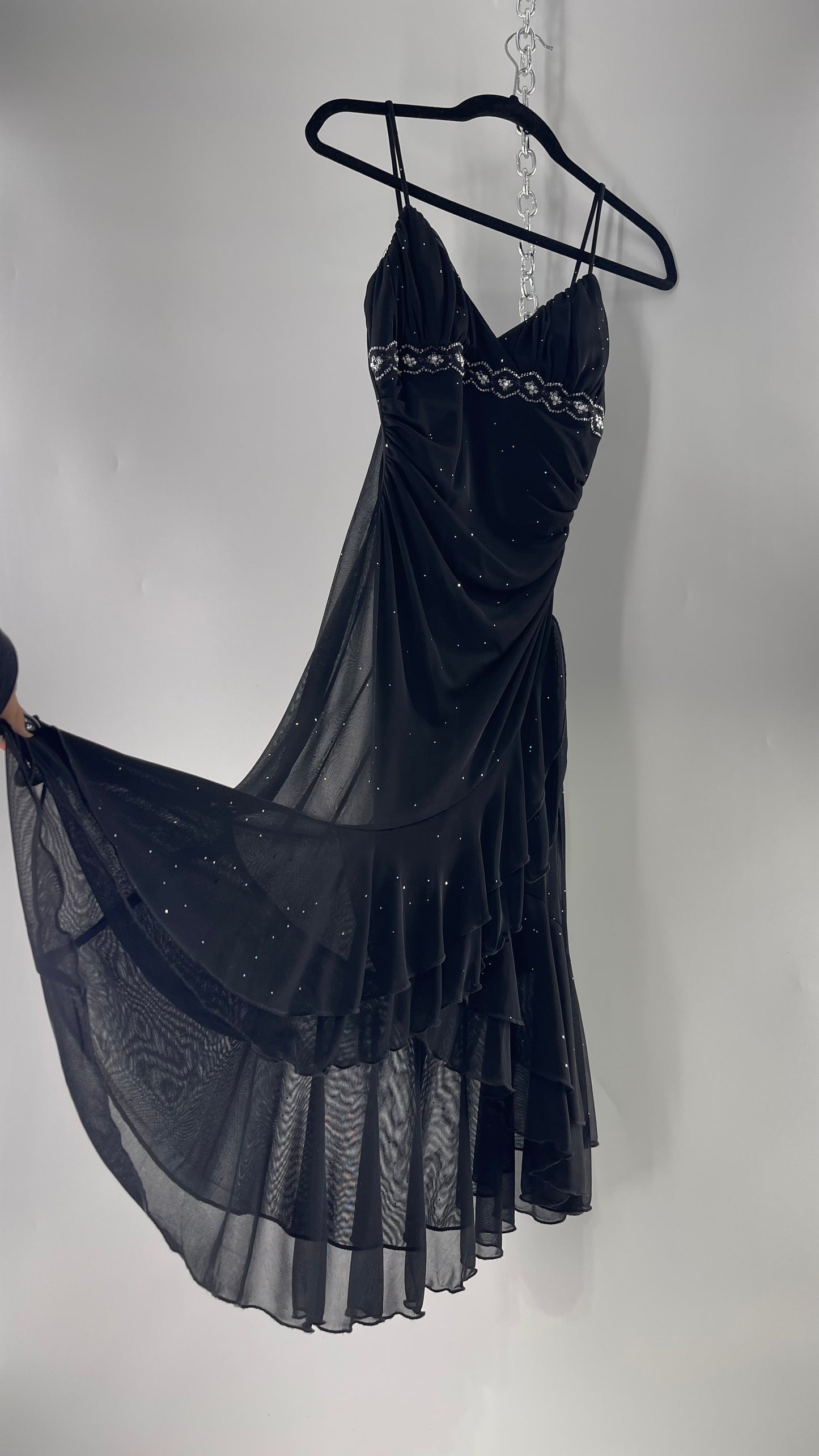 Vintage Taboo Midi Dress with Iridescent Sequins with Lace Underbust Detail, High Low Silhouette and Frills (Medium)