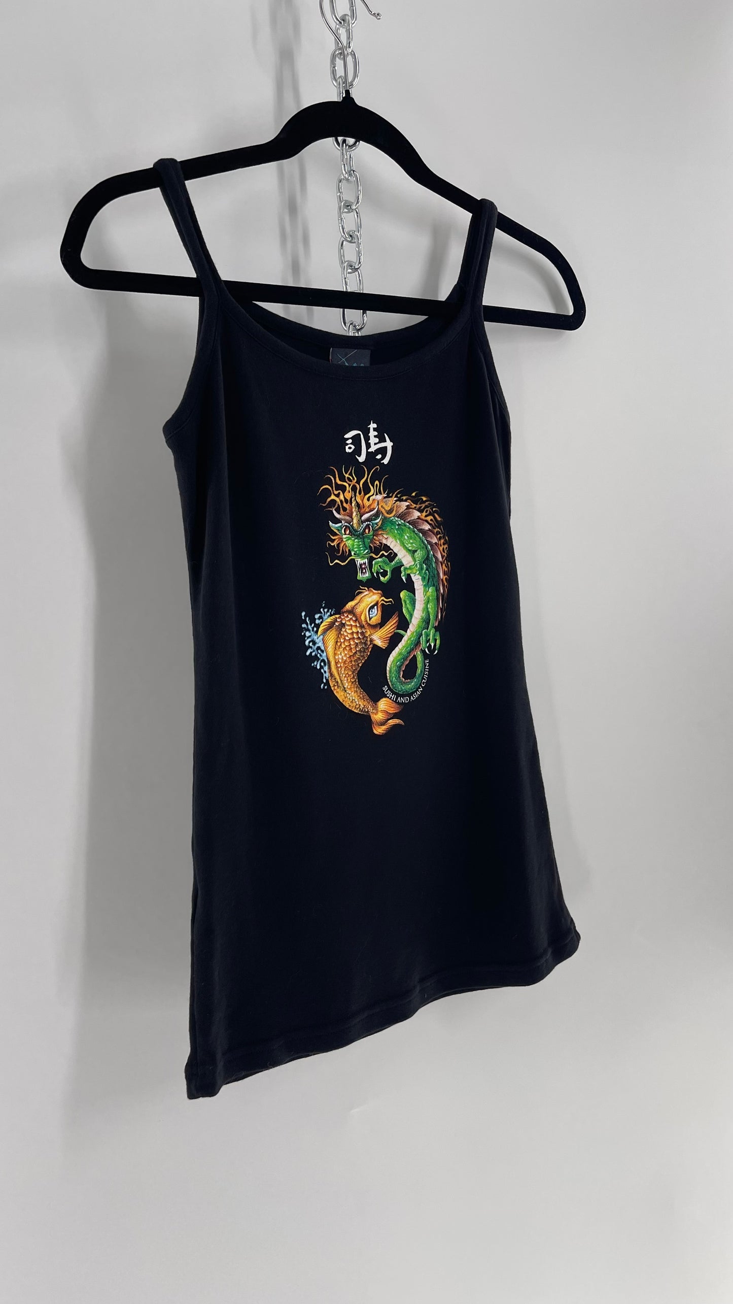 Vintage 90s The Hook Up Black Tank with Dragon and Koi Graphic (Medium)