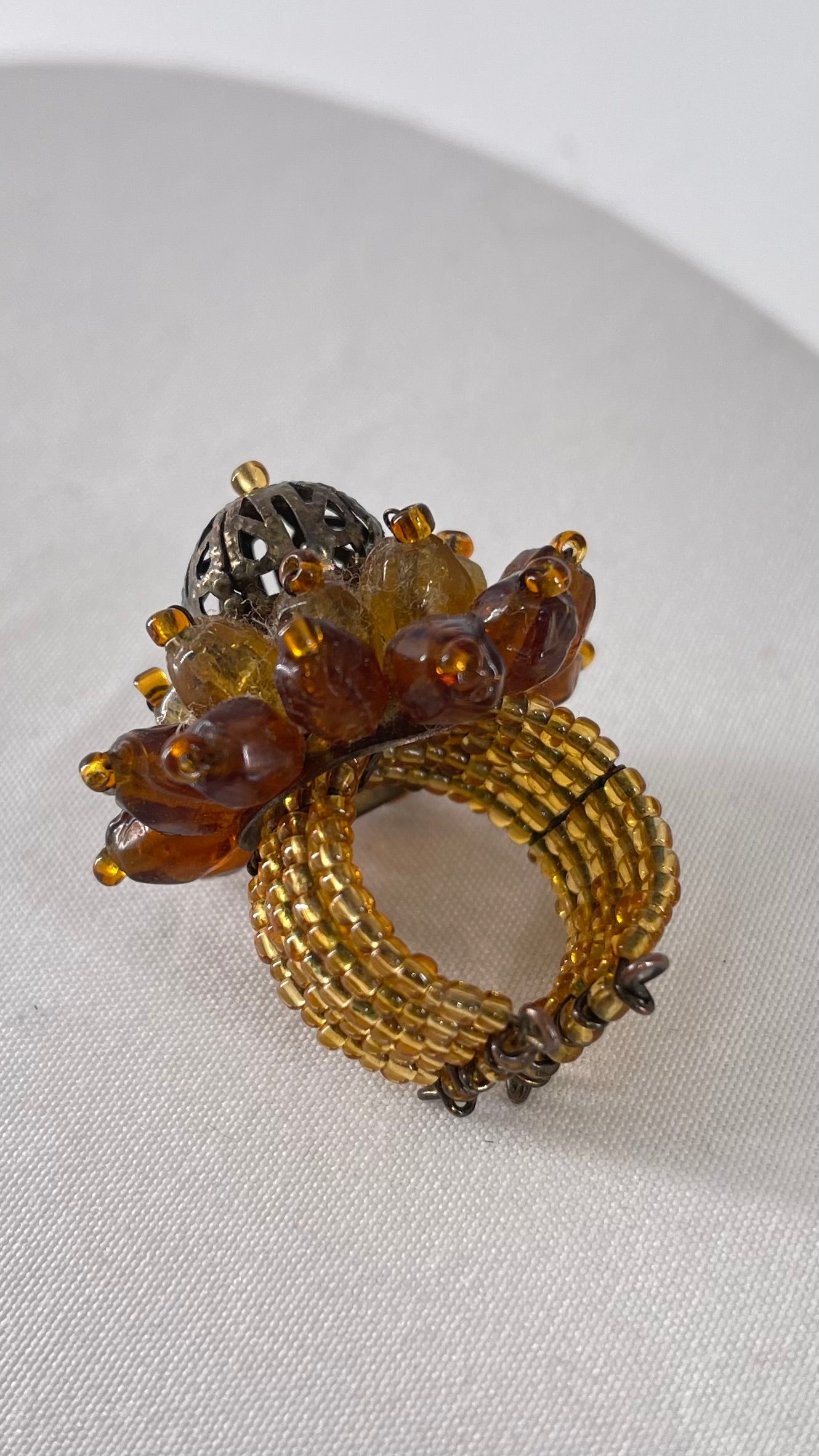 Vintage Beaded Gold and Brown Rosette Ring