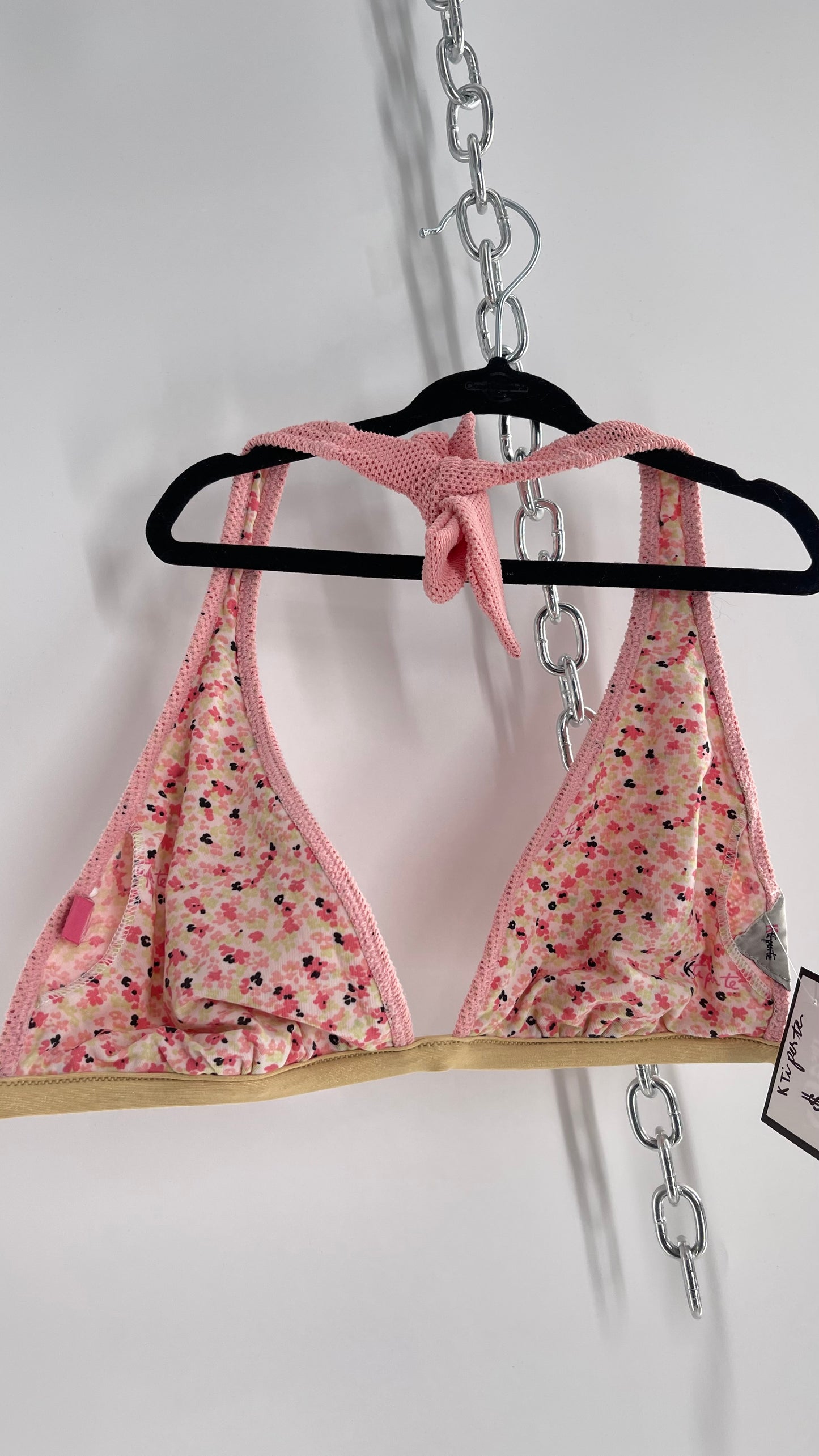 K ti per te Pink Floral and Mesh Halter Swim Top with Gold Glitter Strap (Medium)