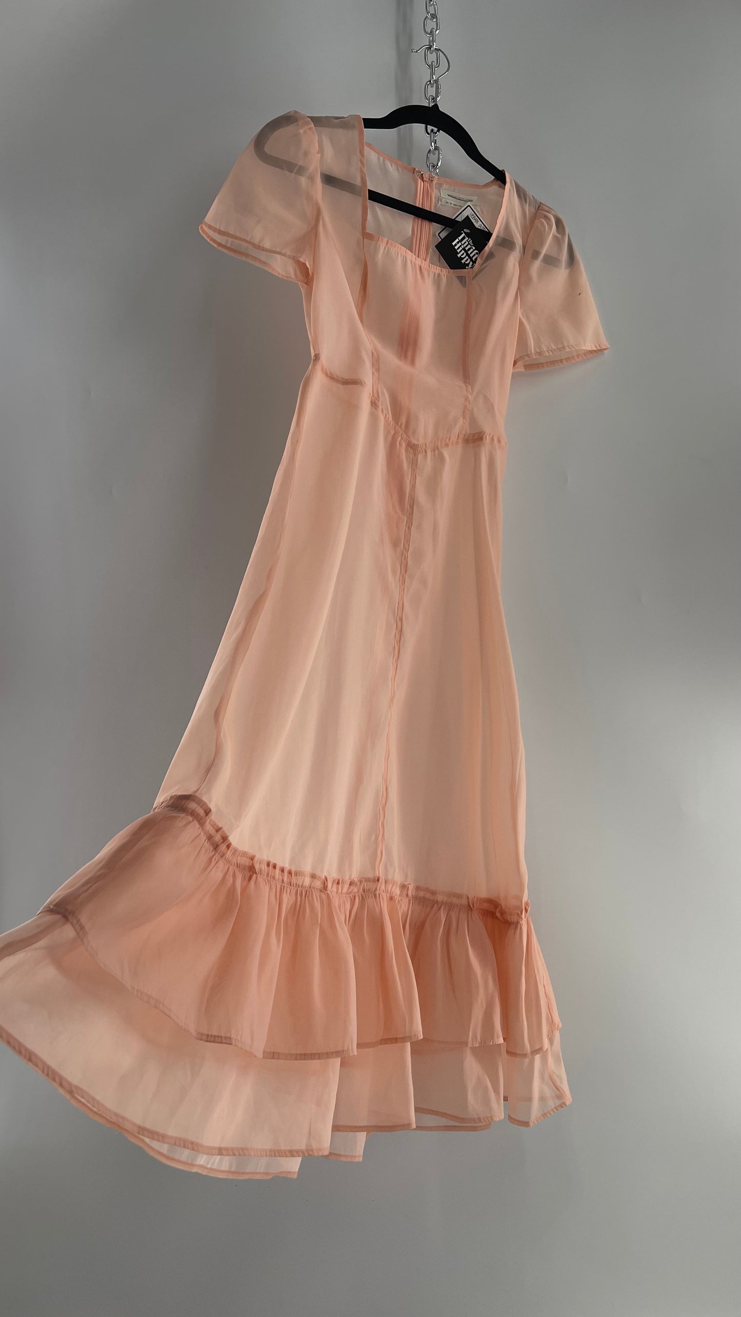Urban Outfitters Pink/Peach Voile Vintage Inspired MIDI Dress with Ruffled Hem (XS)