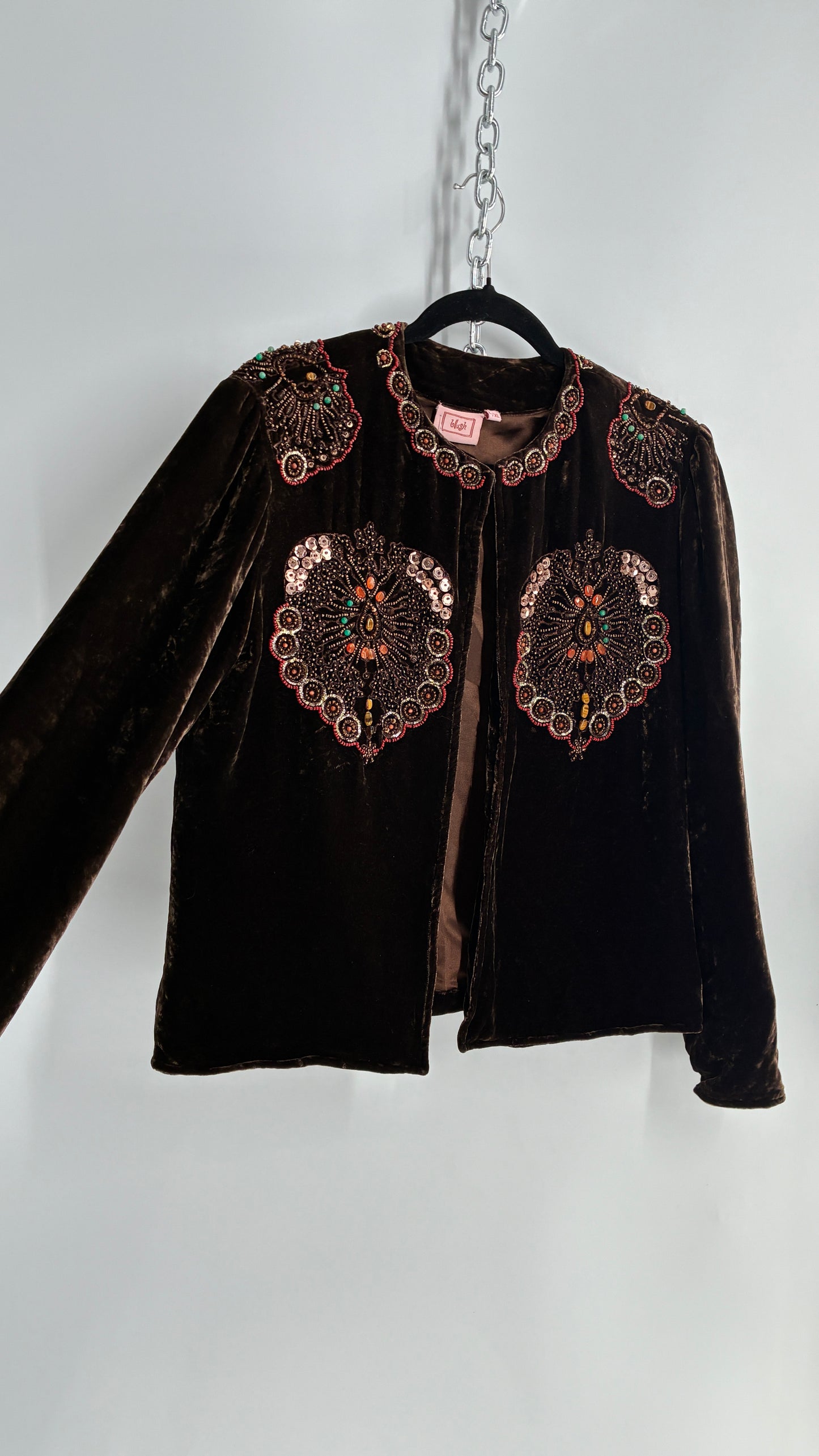 Blush Vintage BLUSH Brown Velvet Beaded and Embroidered Jacket (L/XL)