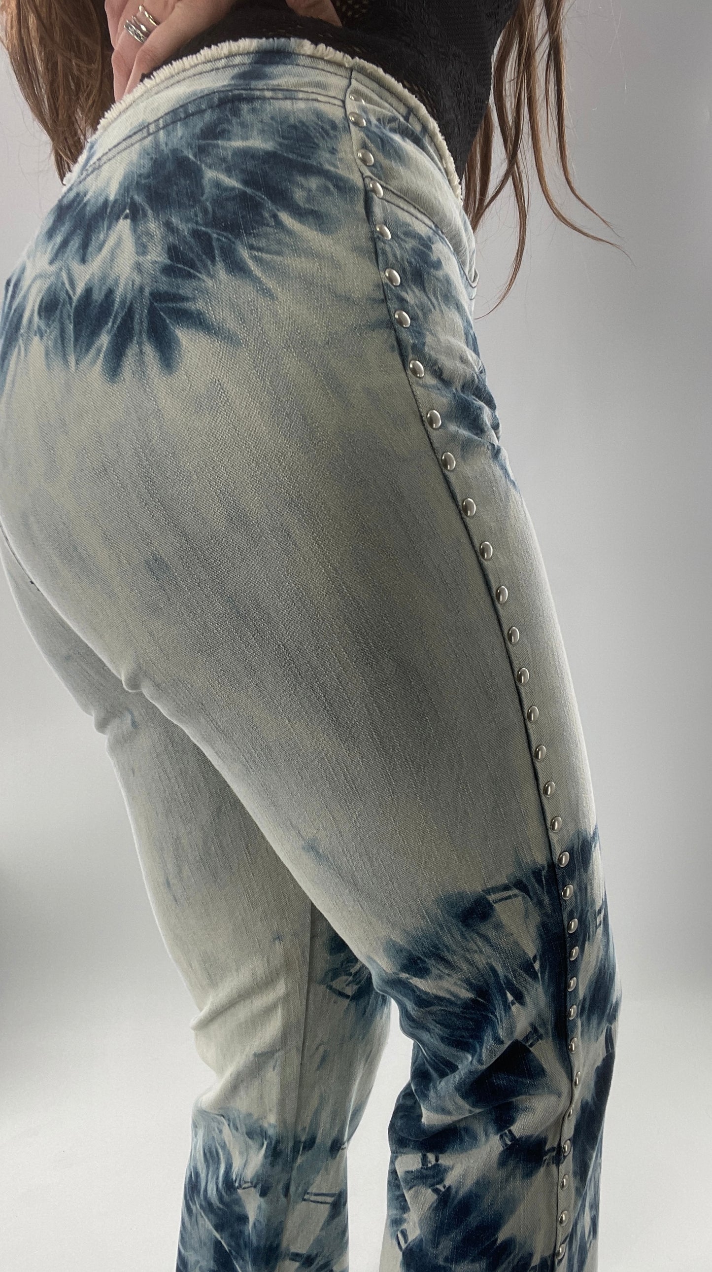 Vintage 1990s DKNY Light Bleached Jeans with Tie Dye Denim Pattern, Raw Edge Low Rise, and Studded Sides (5)