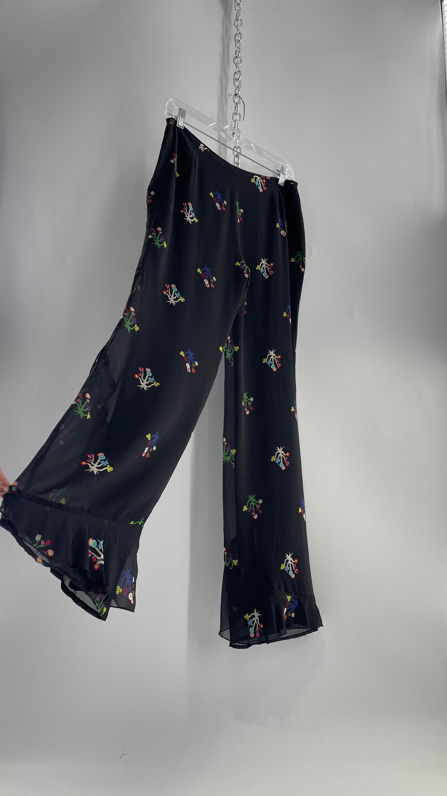Cynthia Rowley Black Flared Pants with Colorful Abstract Florals, Dual Lining and Ruffle Trim (4)