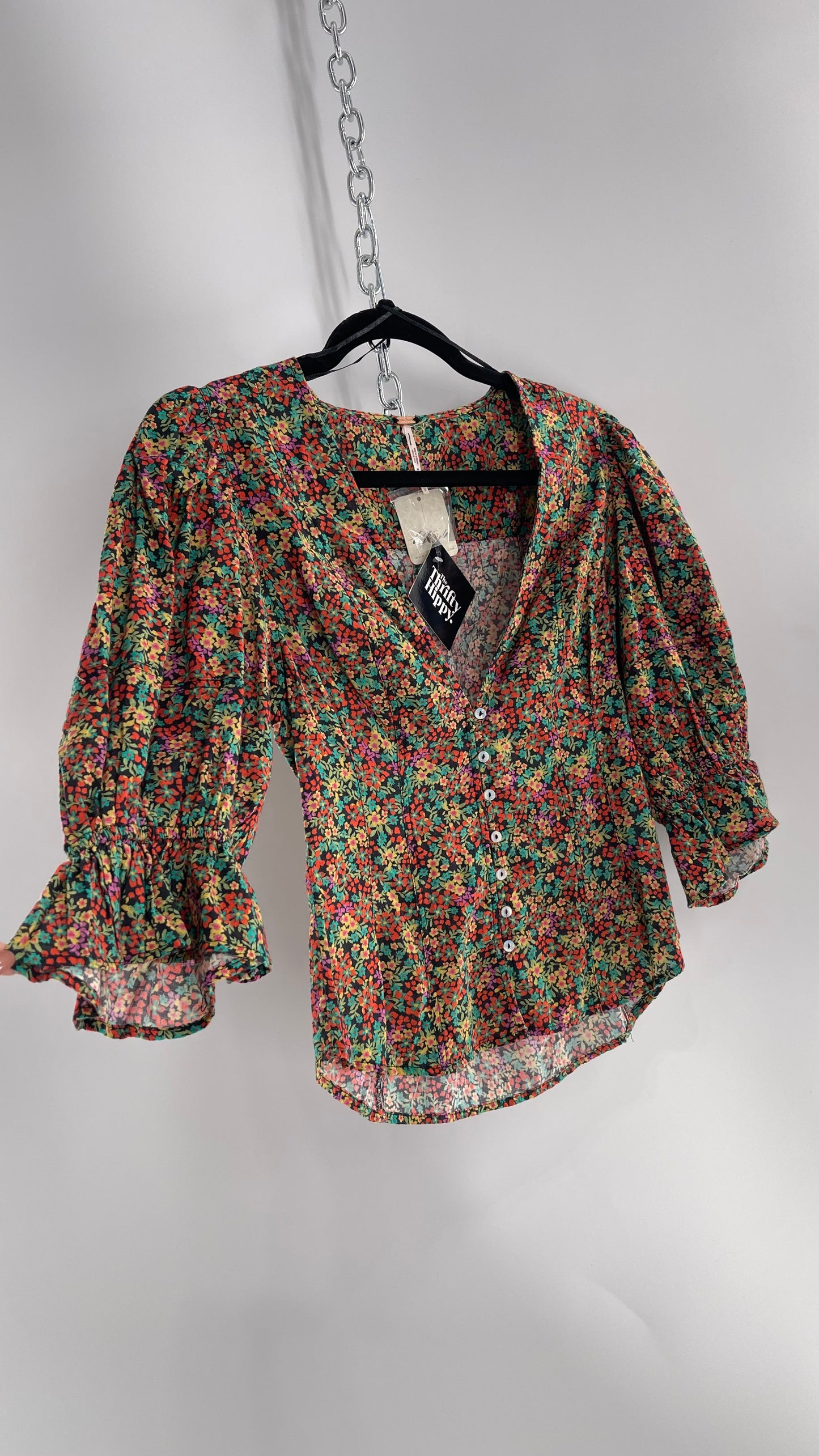 Free People 100% Cotton Colorful Florals Blouse with Deep V, Puff Sleeves, Button Front, and Tags Attached (Small)