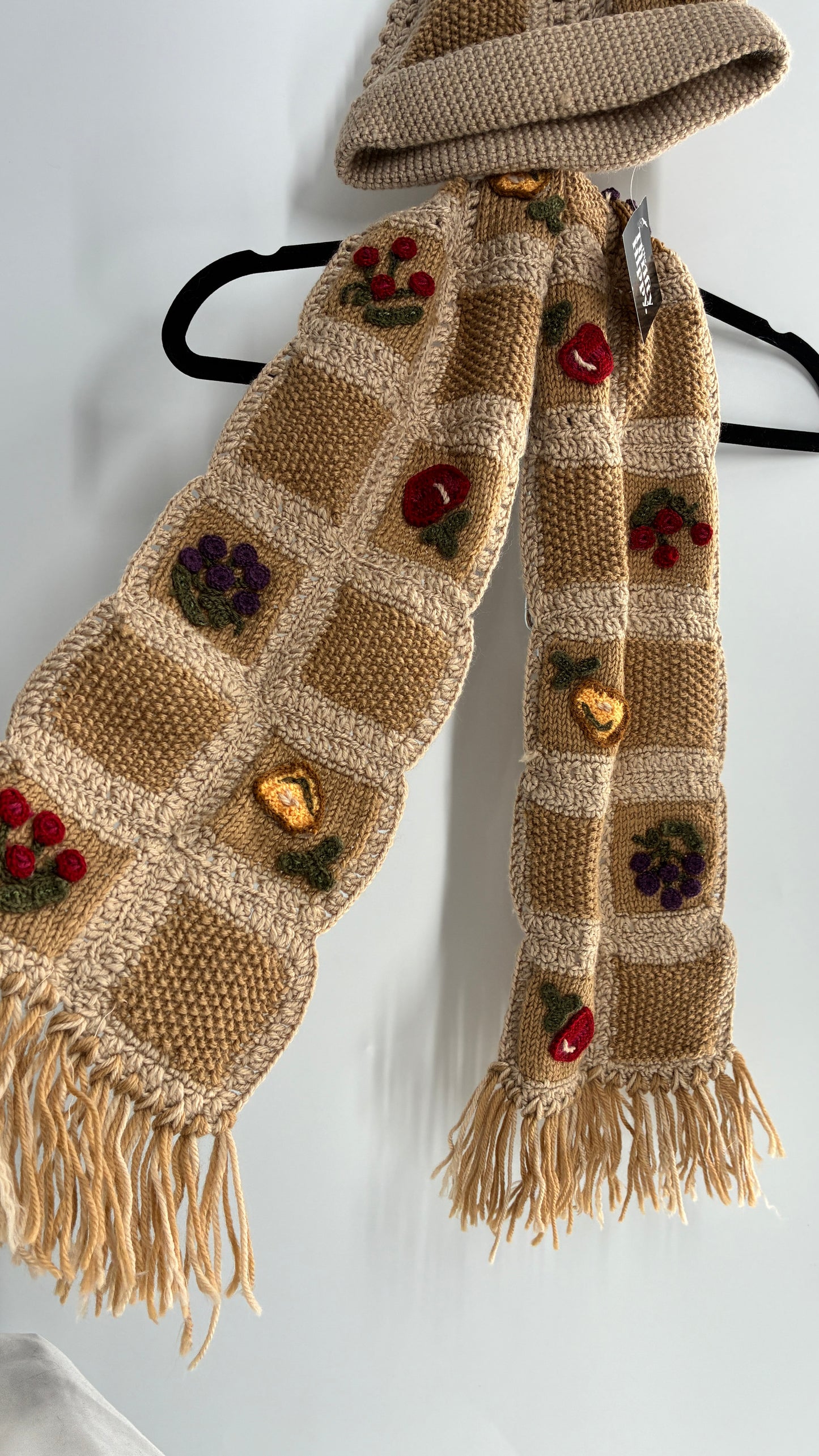 Vintage Crochet Knit Fruits of the Loom Hat and Scarf Set