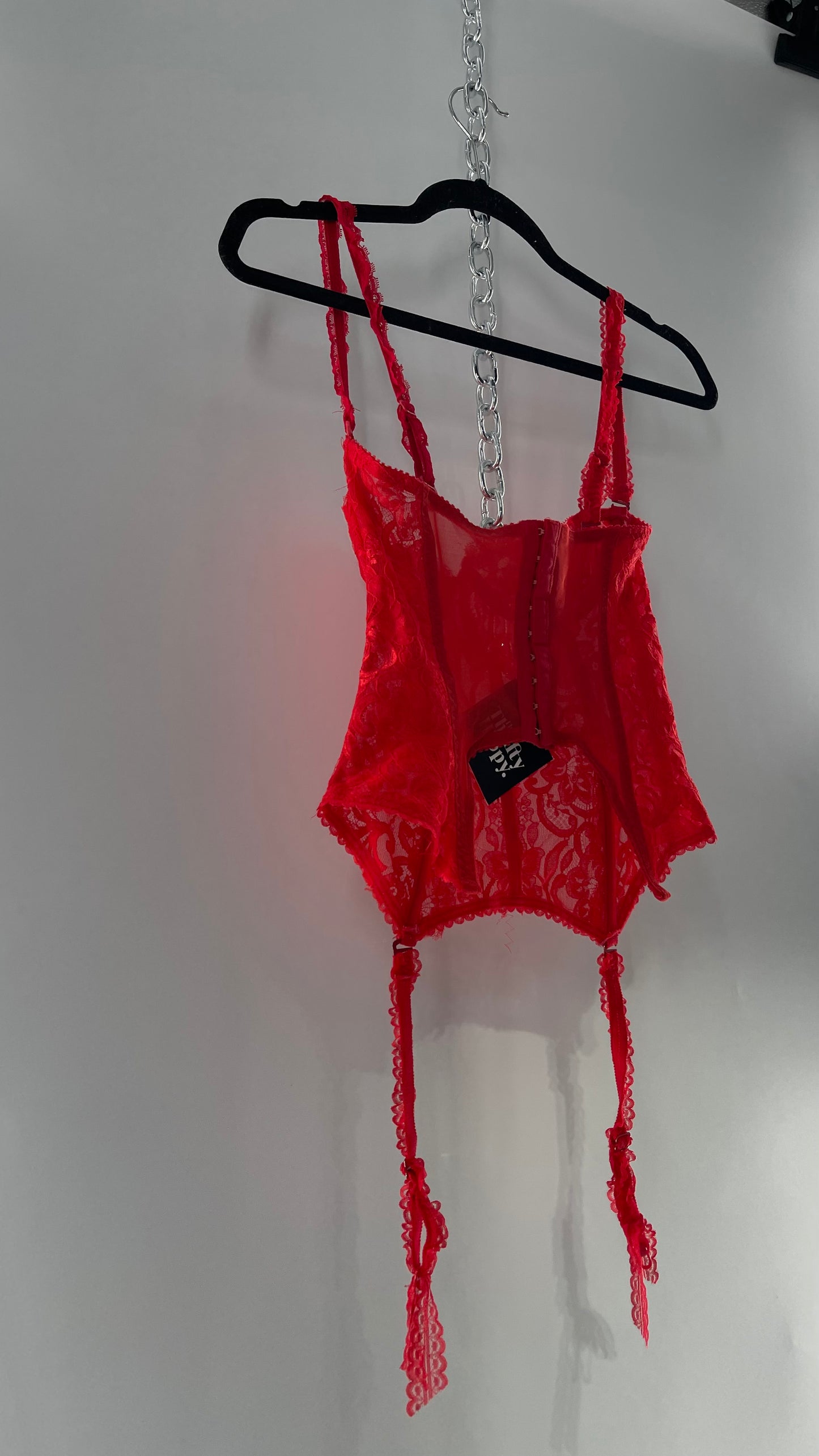 90s Vintage Red Lace Corset with Ruffled Sleeves and Removable Garter Straps (32B)
