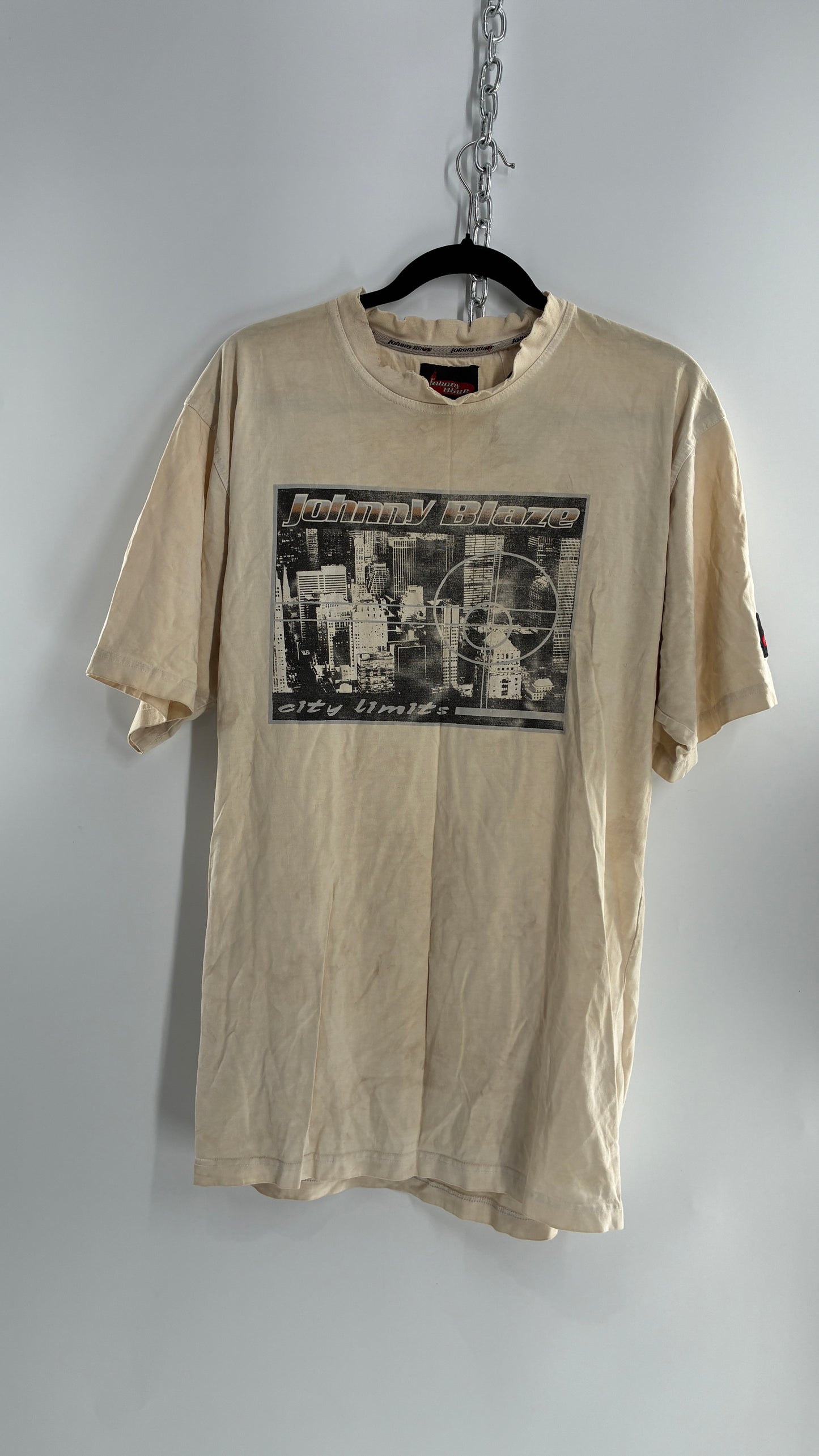 Vintage JOHNNY BLAZE Distressed, Rugged Graphic T Shirt (L)