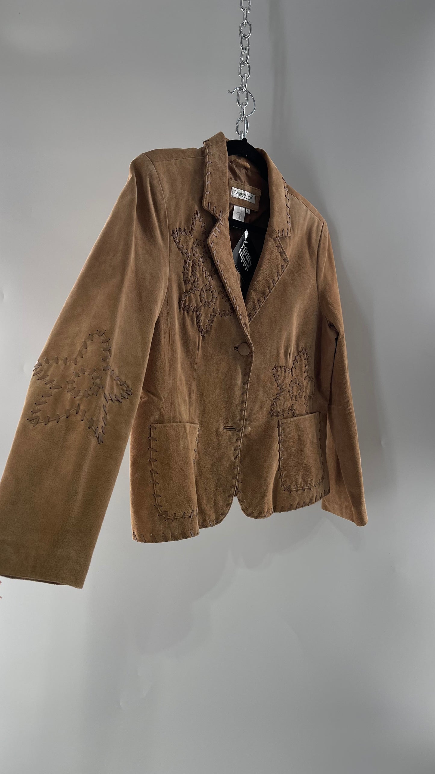 Vintage Rare Light Brown Genuine Suede Blazer with Embroidered Suede Flower and Contrasting Thick Leather Stitching (Medium)