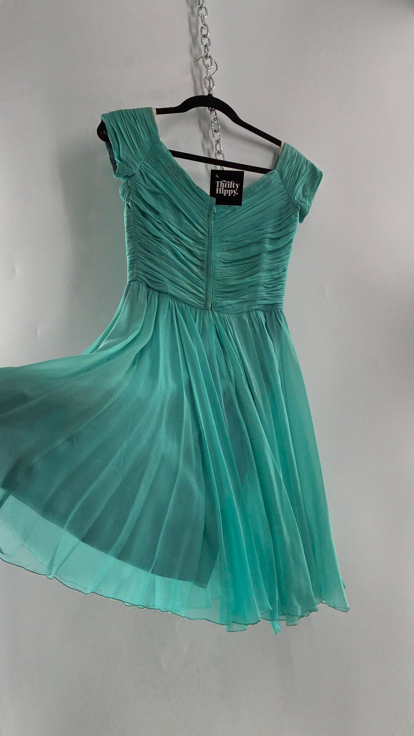 Vintage Teal Handmade Mini Dress with Pleated Basket Woven Bust (XS)