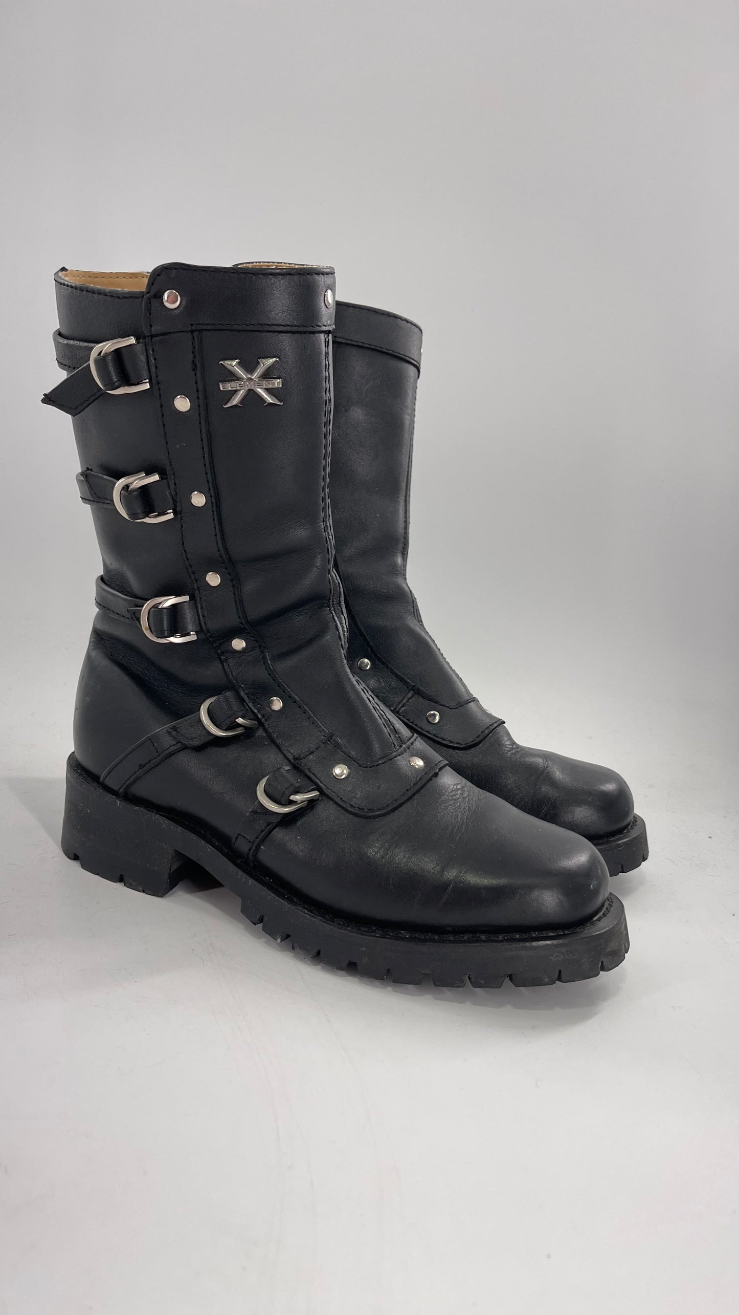 Vintage 1990s XELEMENT Buckle Side Genuine Leather Steam Punk Boots (Women’s 8.5)