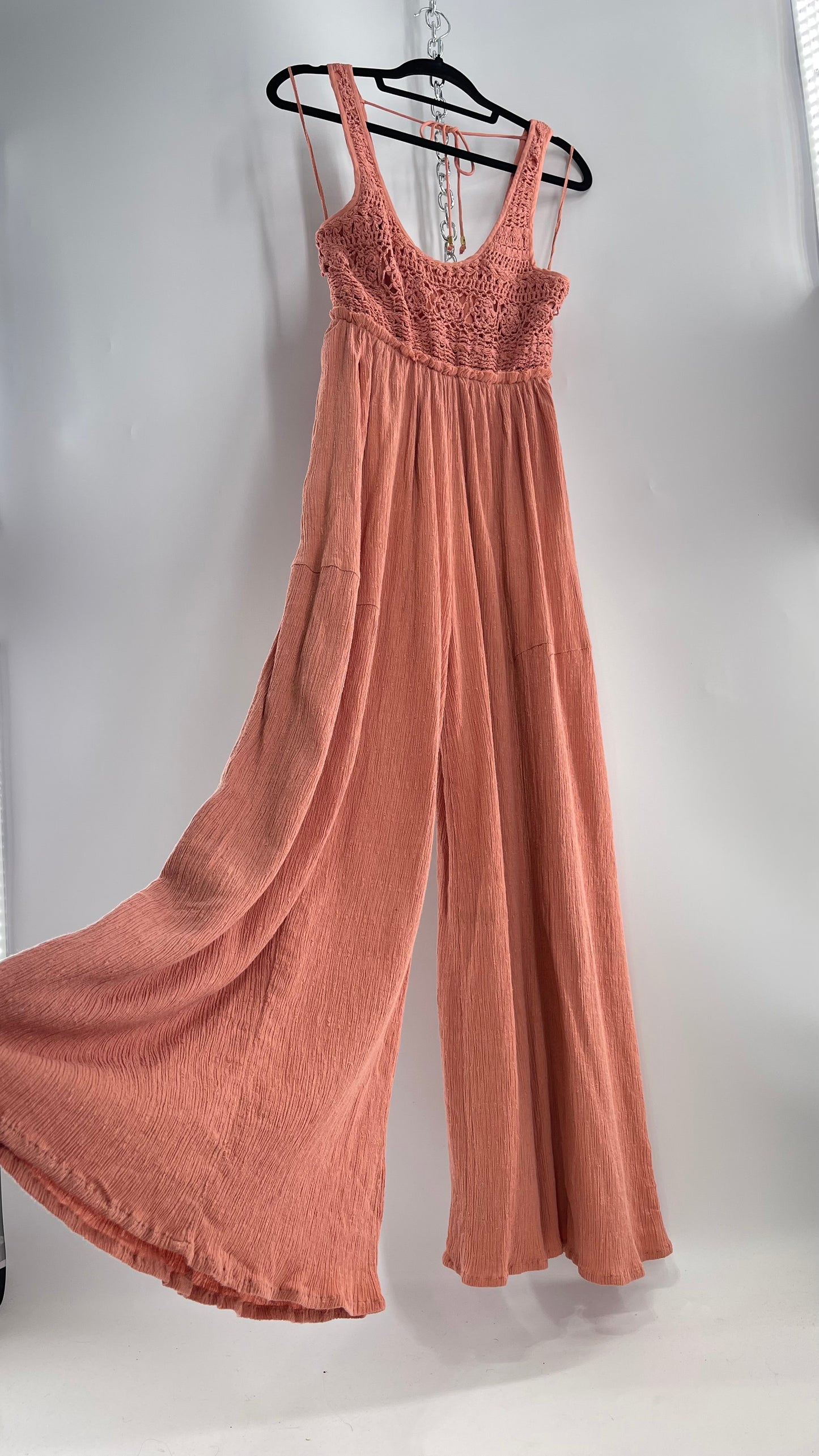 Free People Rose/Peach Pink Wide Leg Jumpsuit with Crochet Bust and Tags Attached (XS)