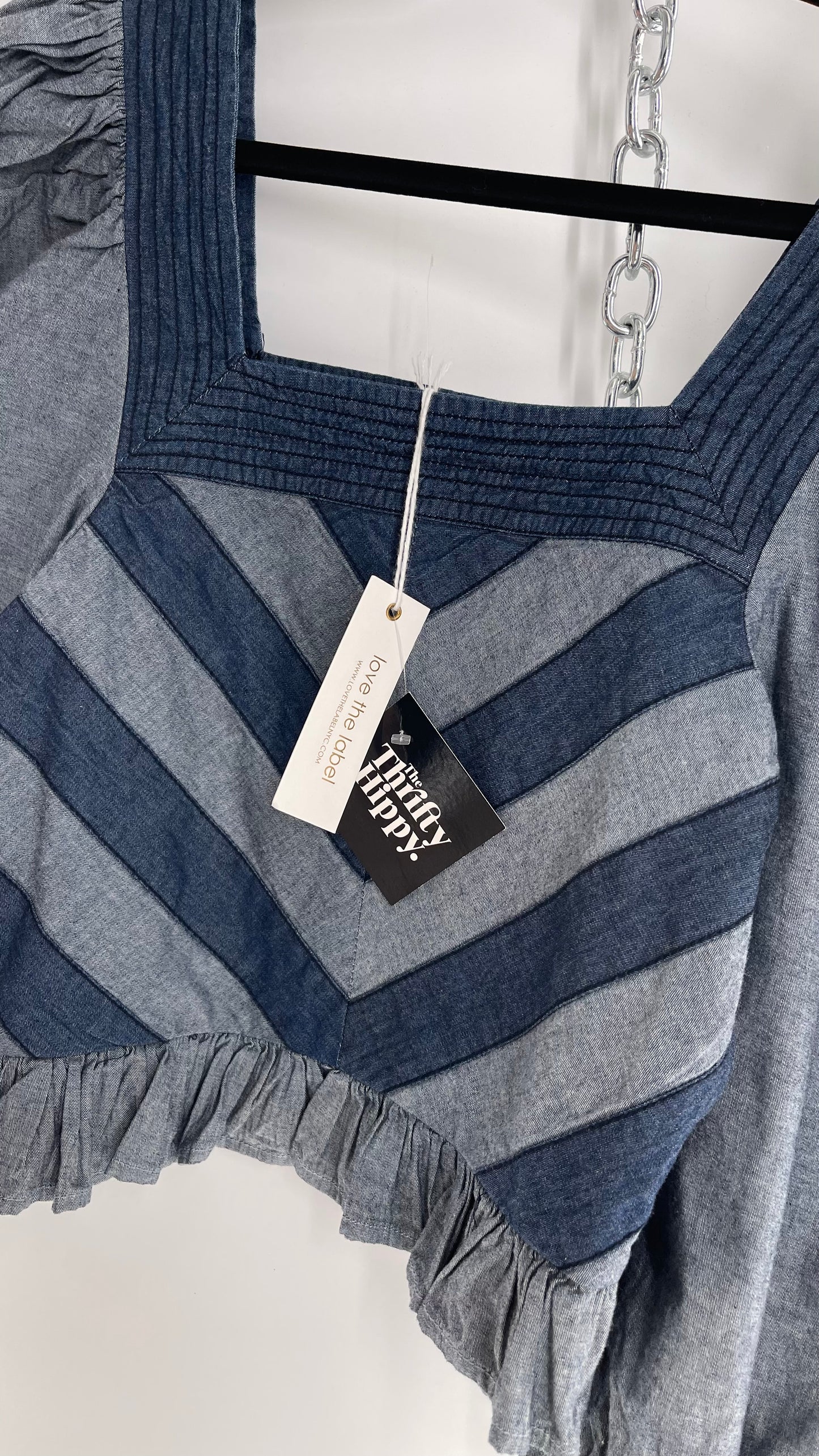 Love the Label ANTHROPOLOGIE Chambray, Chevron, Denim Smocked Blouse with Dramatic Sleeves and Tags Attached (Small)